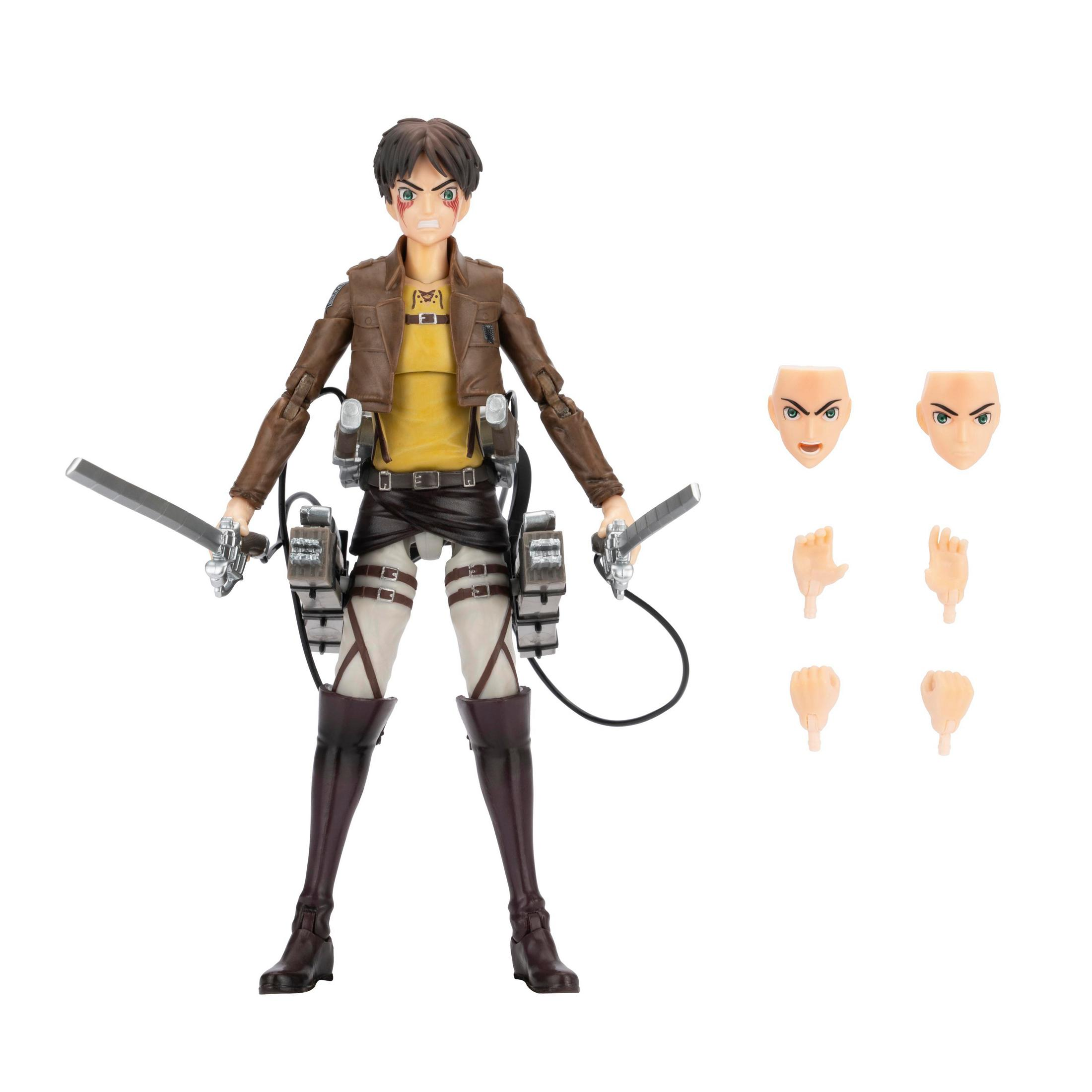 Eine Actionfigur im Stehen, die braune Kleidung und Schwerter trägt. Zubehörteile sind daneben.