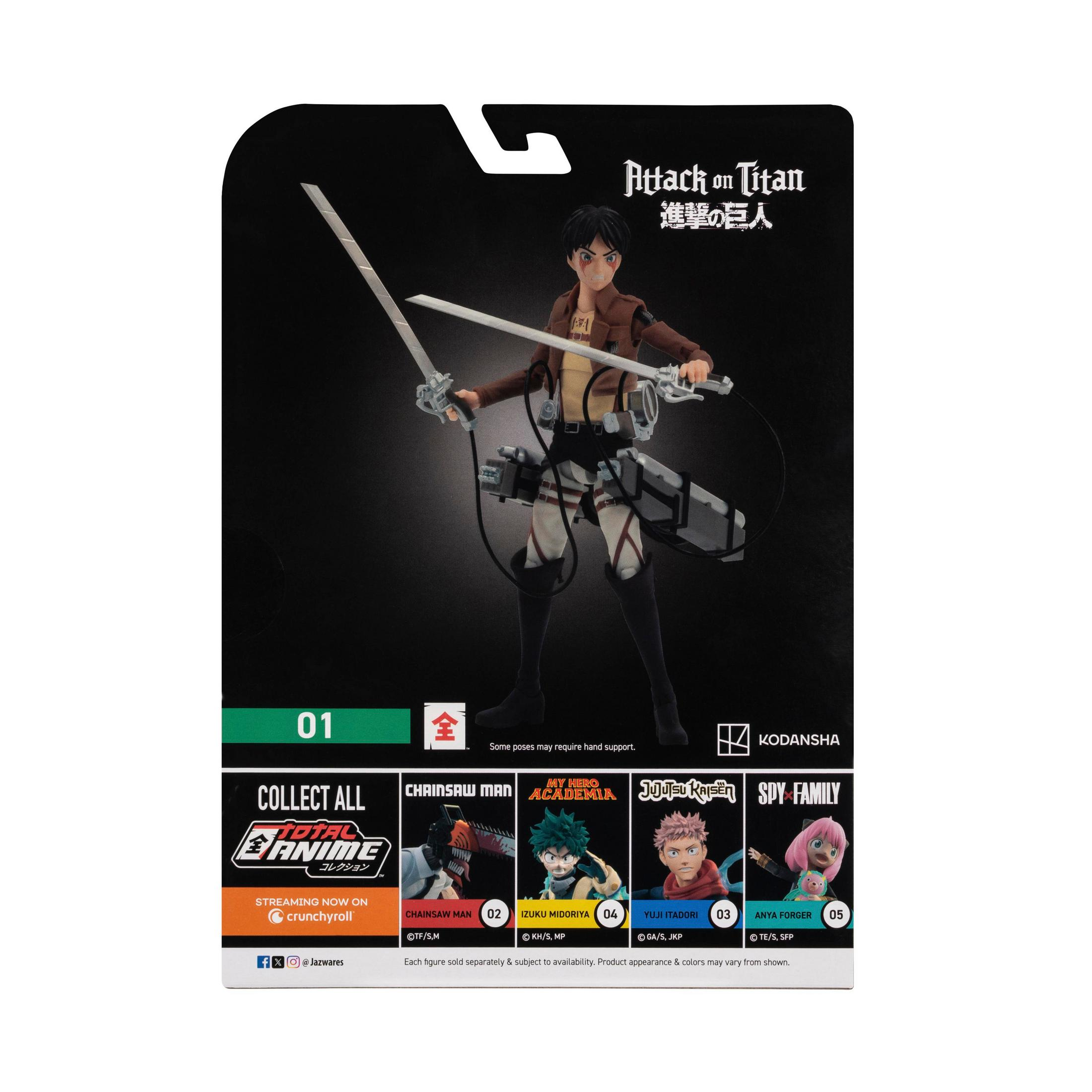 Attack on Titan Figur von Eren Jäger mit Schwertern, detaillierte Verpackung mit Anime-Logos.