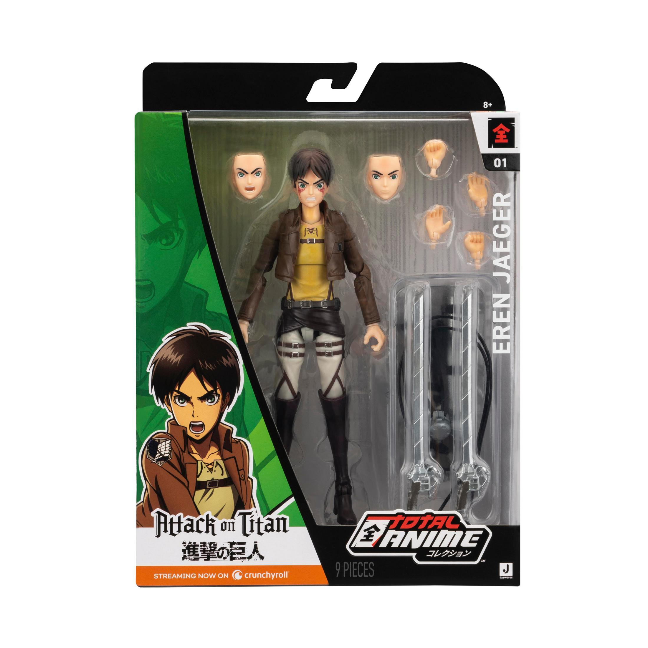 Actionfigur von Eren Jaeger aus Attack on Titan in OVP, mit Zubehör und alternativen Gesichtern.