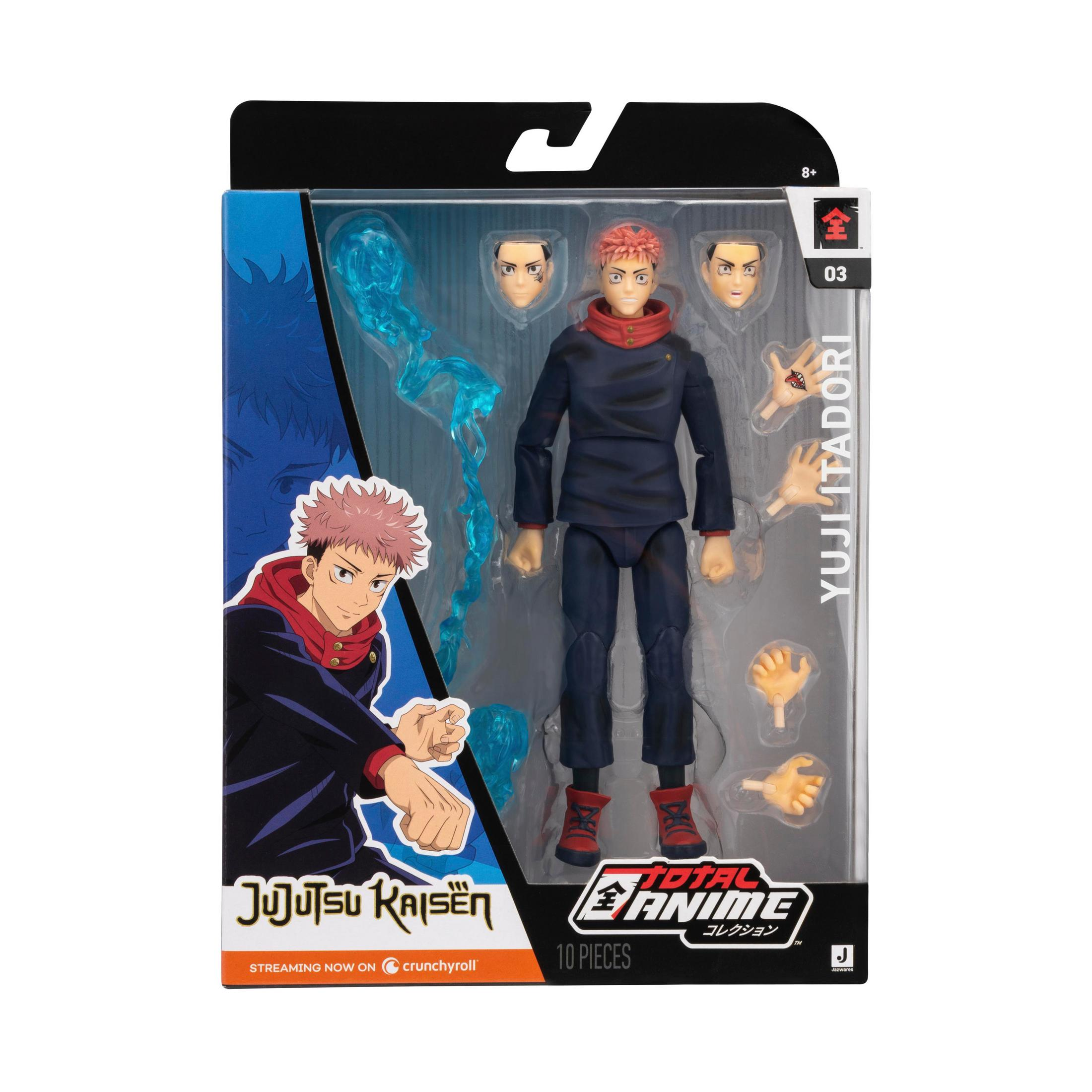 Jujutsu Kaisen Yuji Itadori Actionfigur im Karton mit Zubehör und alternativen Gesichtern.