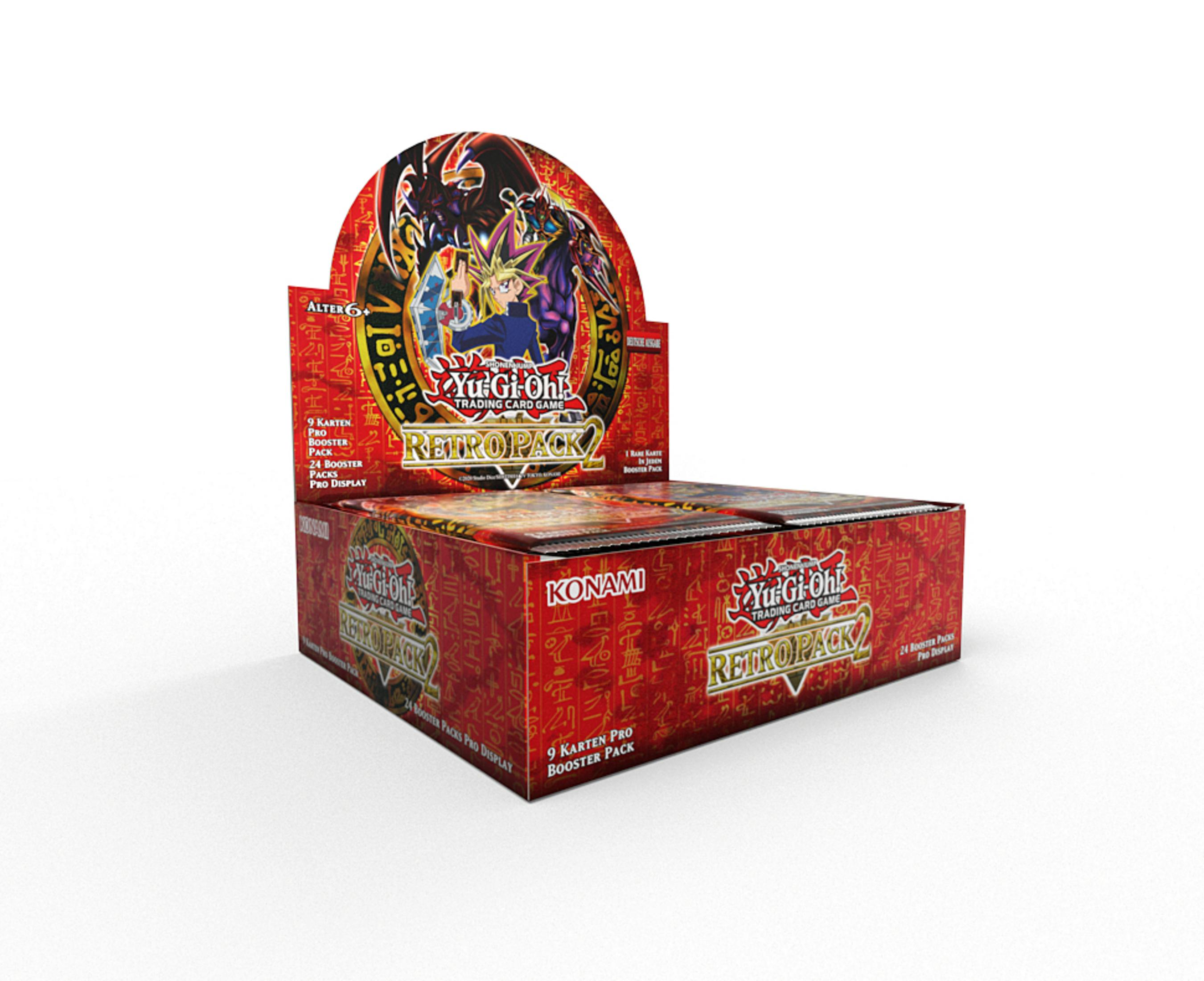 Eine rote Yu-Gi-Oh! Retro Pack Booster Display Box mit Charakteren.