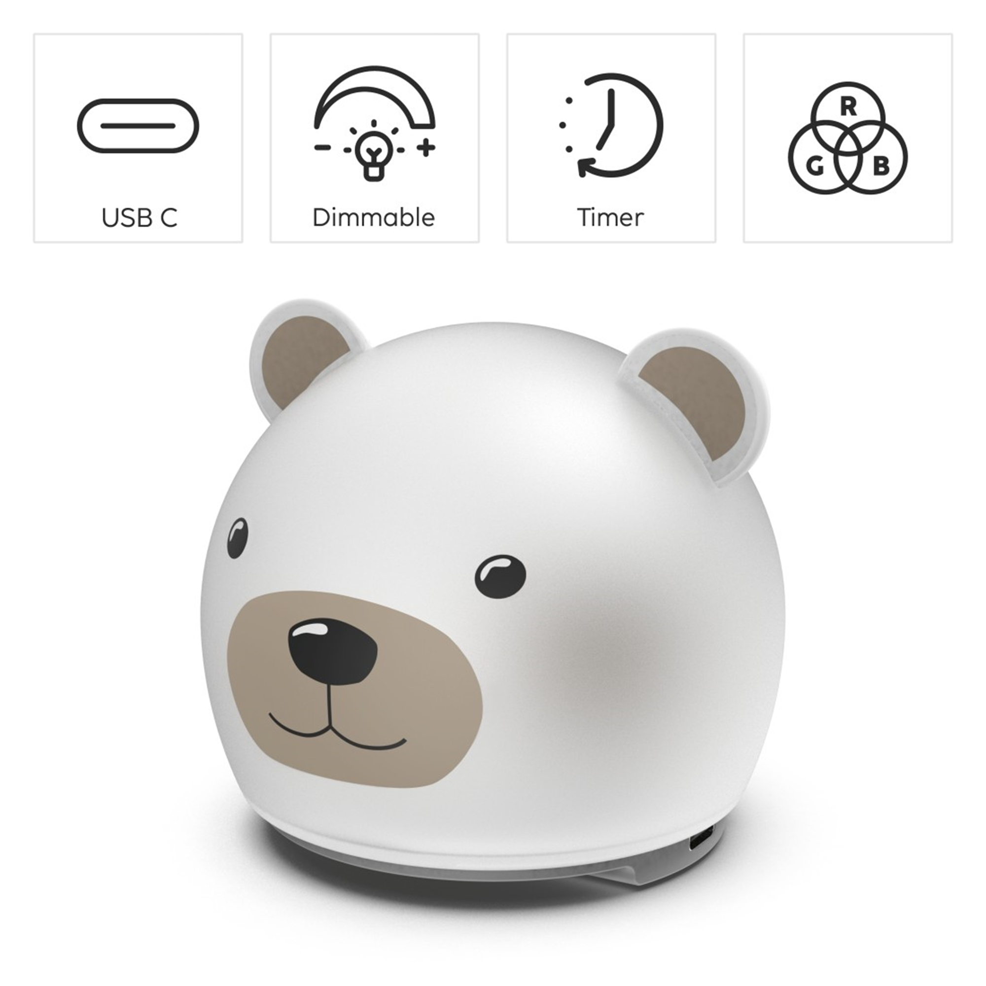 Eine weiße Lampe in Bärenform mit USB-C, Dimmfunktion, Timer und RGB-Symbolen.