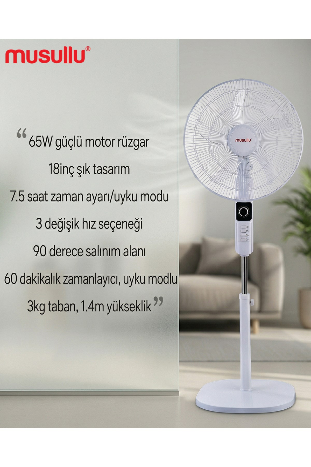 65W motorlu beyaz vantilatör, 18 inç, 7,5 saat zamanlayıcı, 3 hız, 90° salınım.