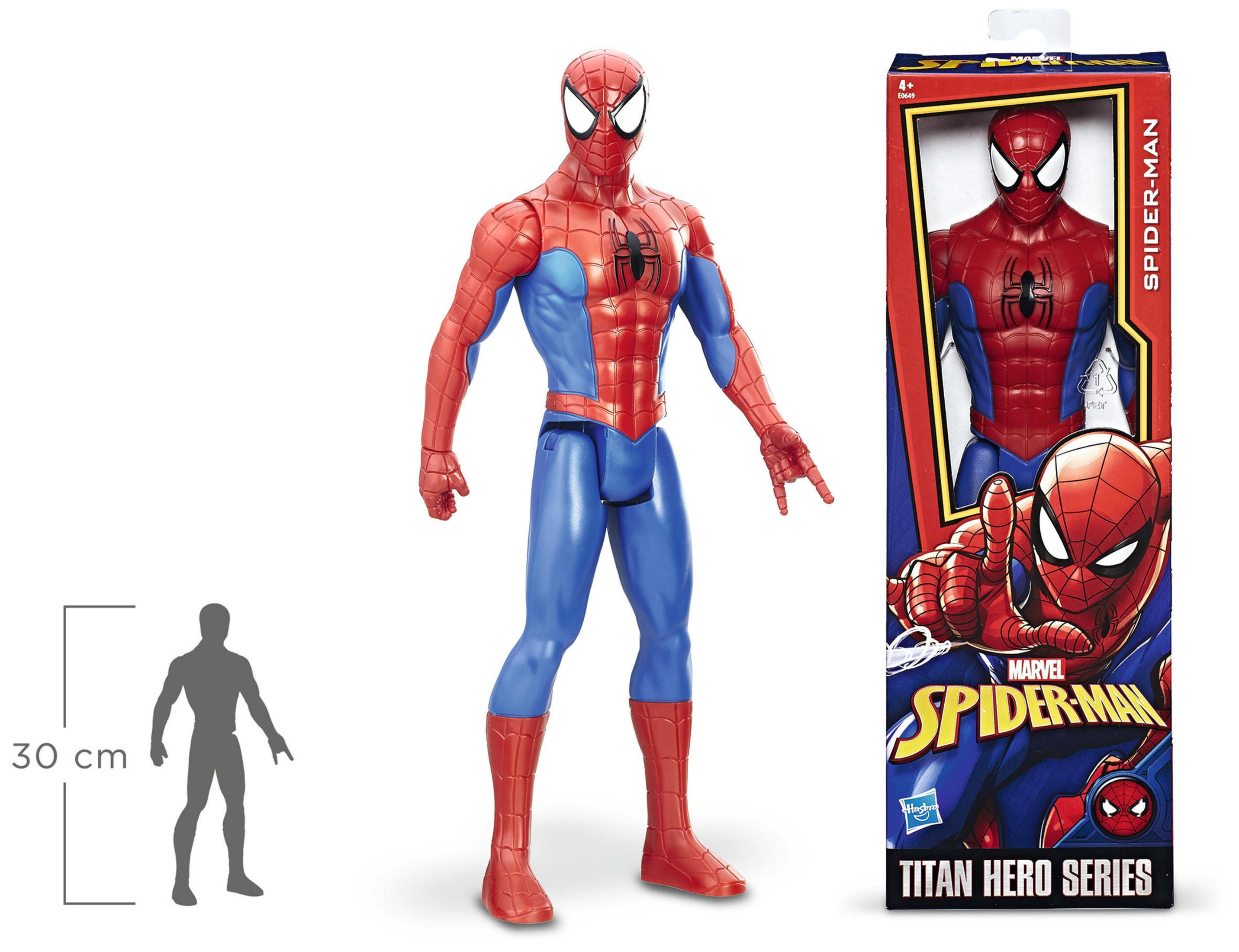Eine 30 cm große Spider-Man-Figur in Rot und Blau neben der Verpackung.