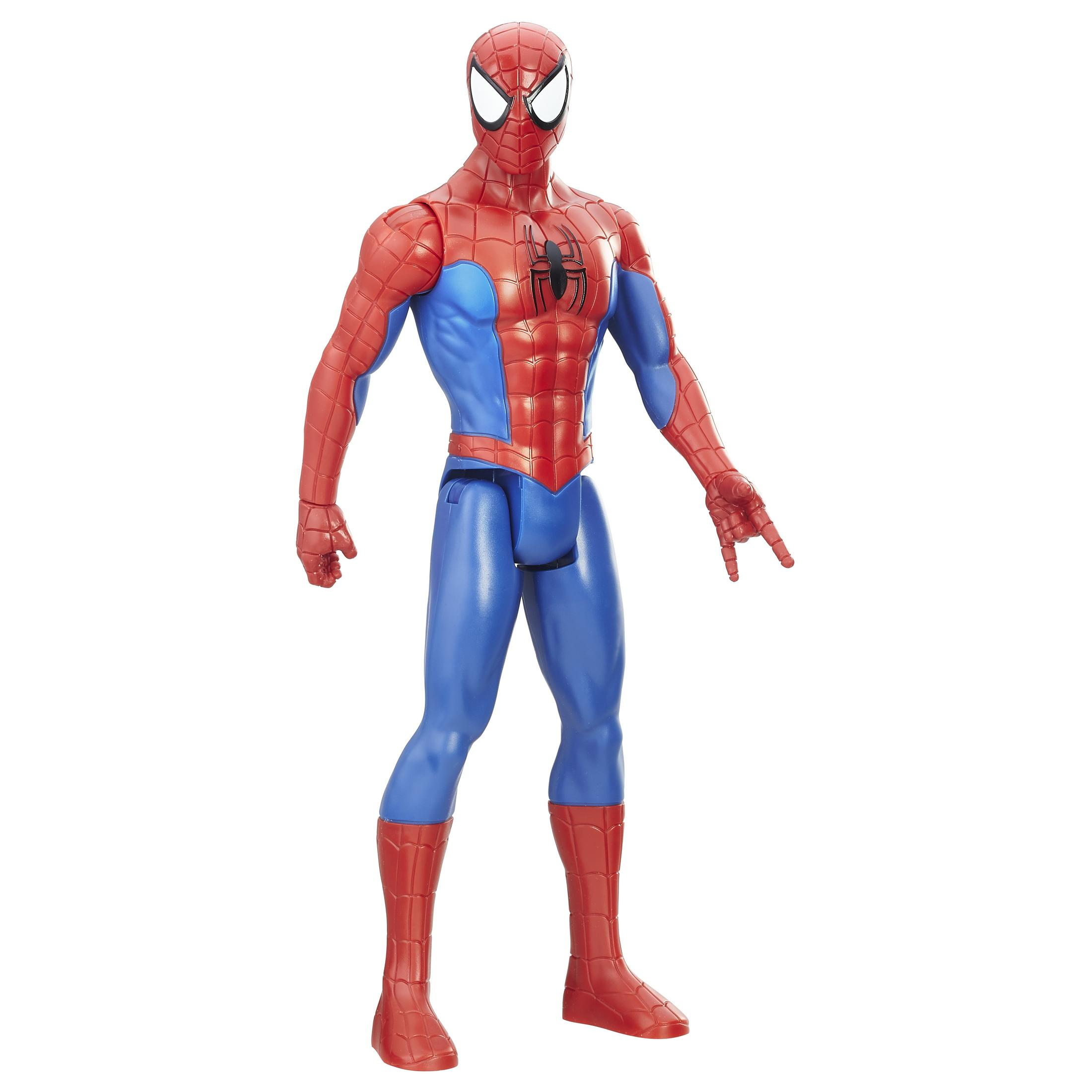 Eine Actionfigur von Spider-Man in Rot und Blau steht auf weißem Grund.