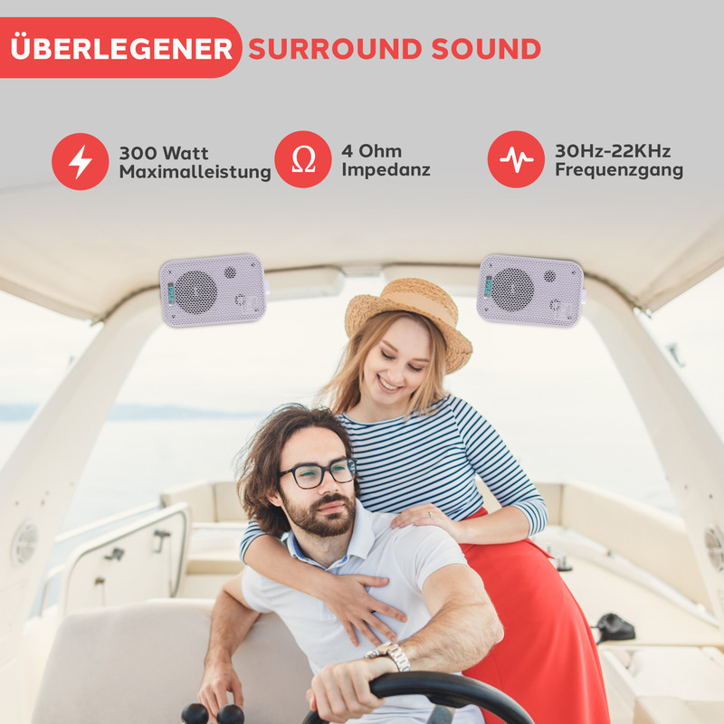 Mann und Frau auf einem Boot mit Lautsprechern und technischen Daten.
