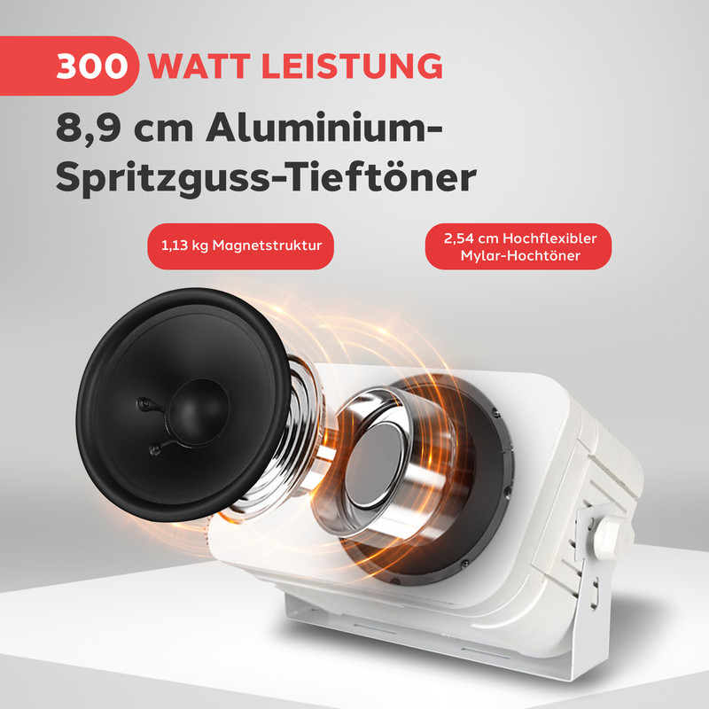 300W Lautsprecher mit 8,9cm Tieftöner und 2,54cm Hochtöner.