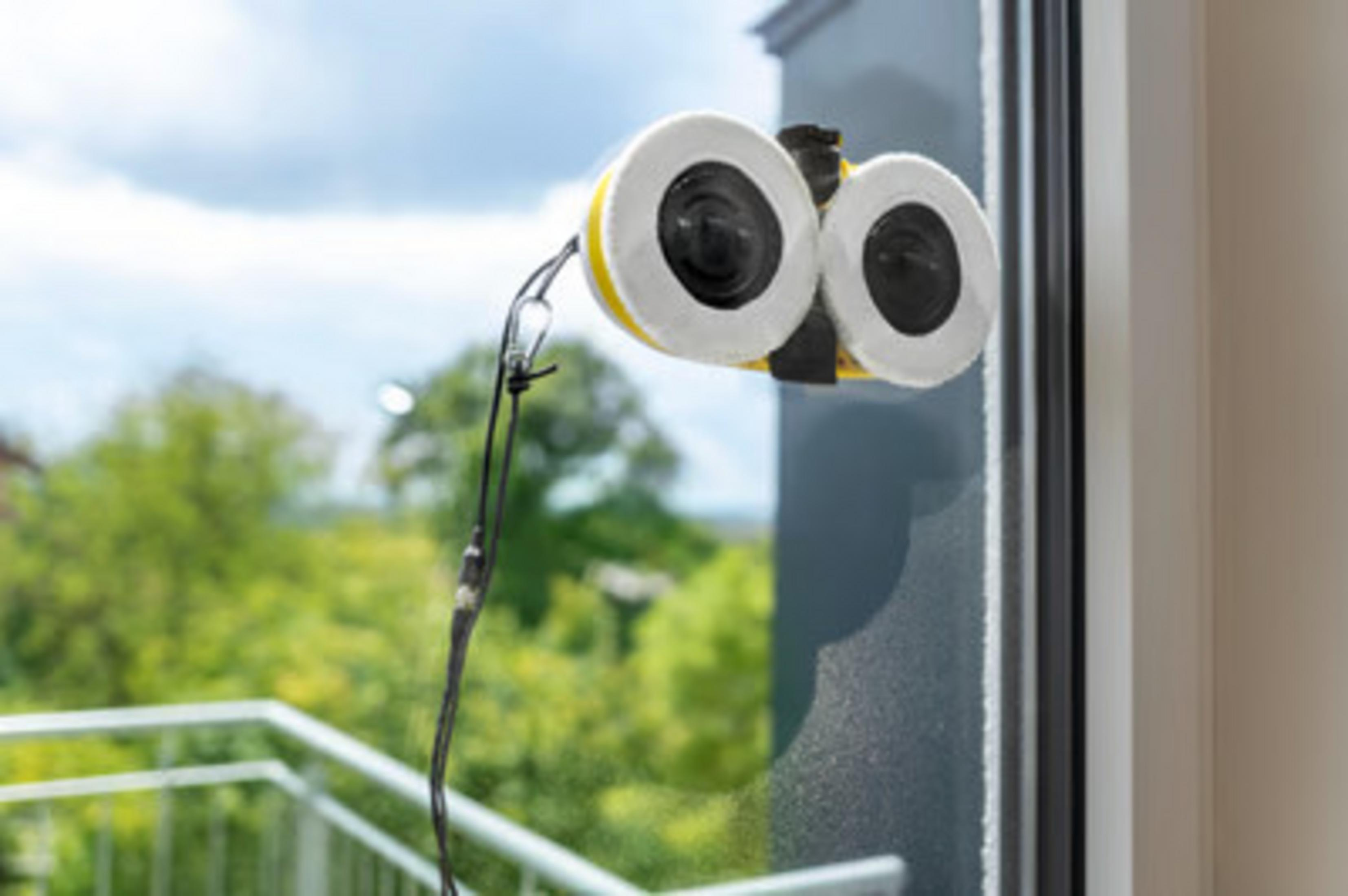 Ein Fensterreinigungsroboter mit zwei runden Bürsten haftet an einem Fenster.