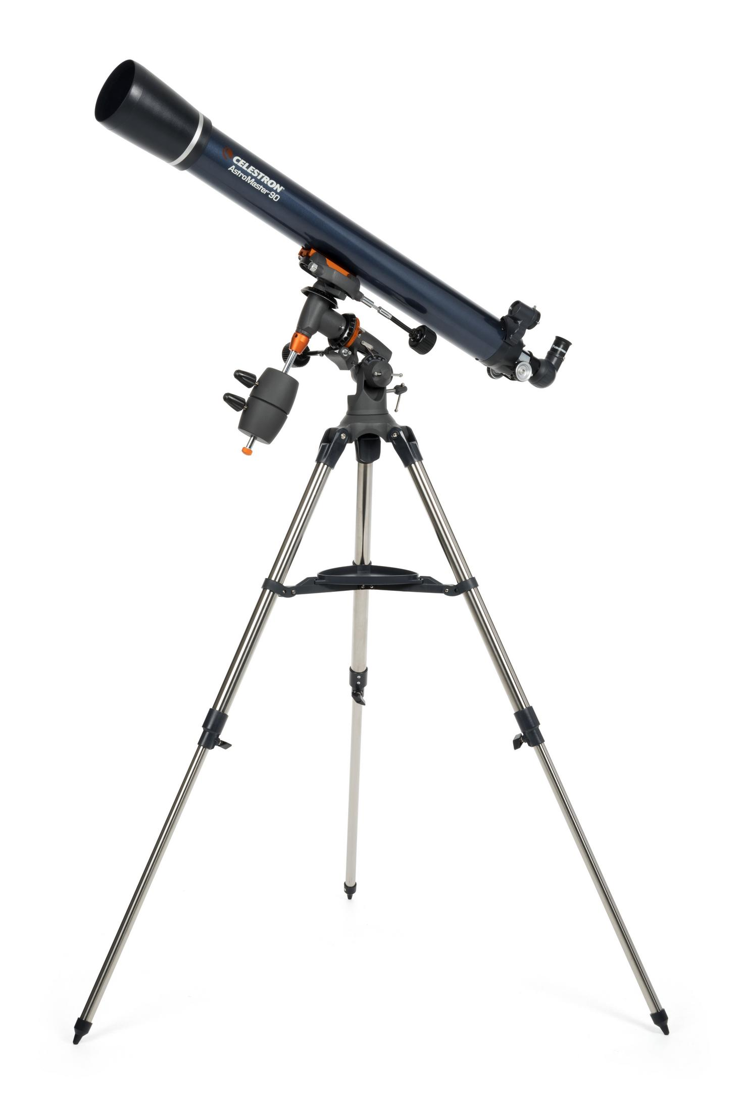 Ein dunkelblauer Celestron AstroMaster-90 Teleskop auf einem Stativ.