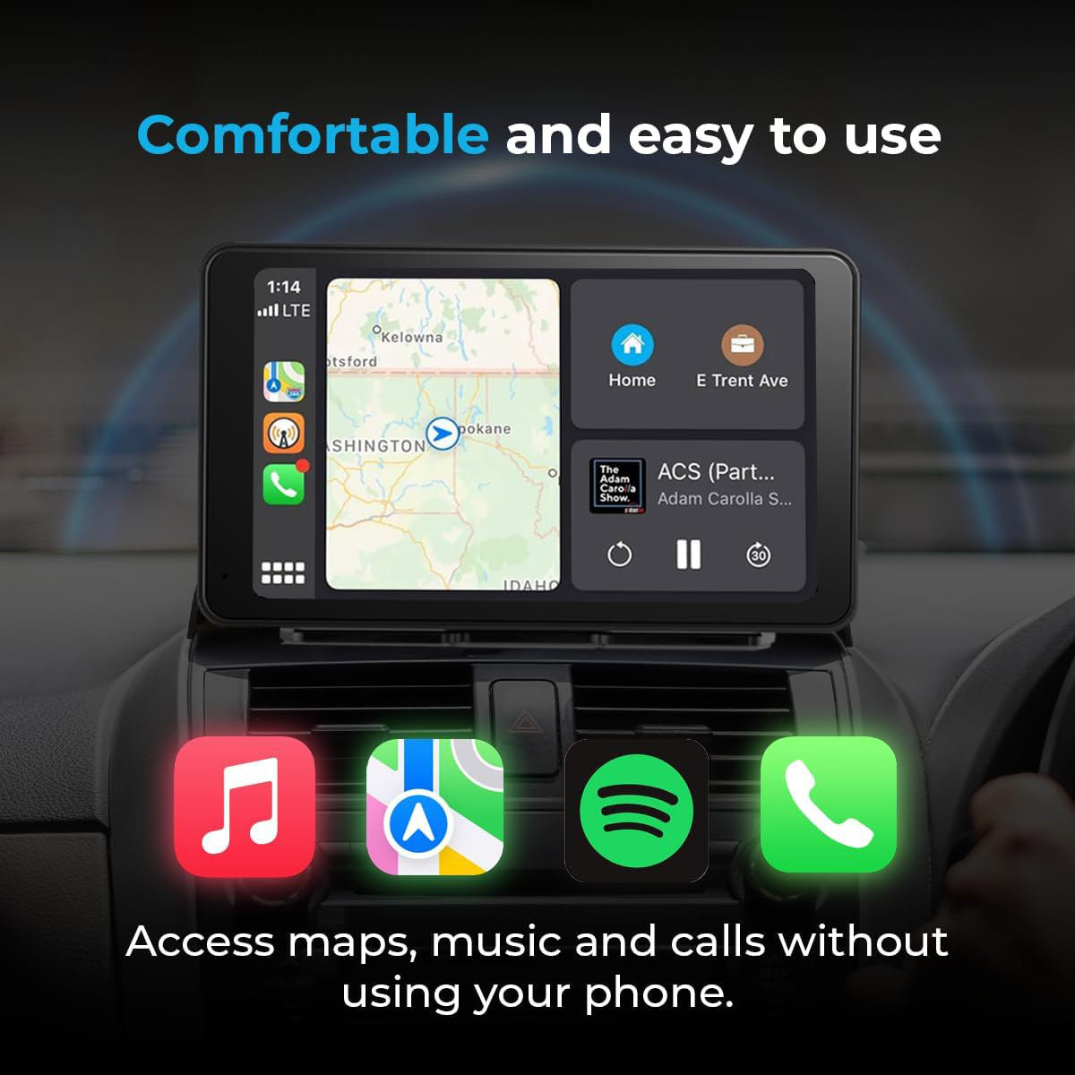 Schermo infotainment auto mostra mappe, musica e chiamate con icone.