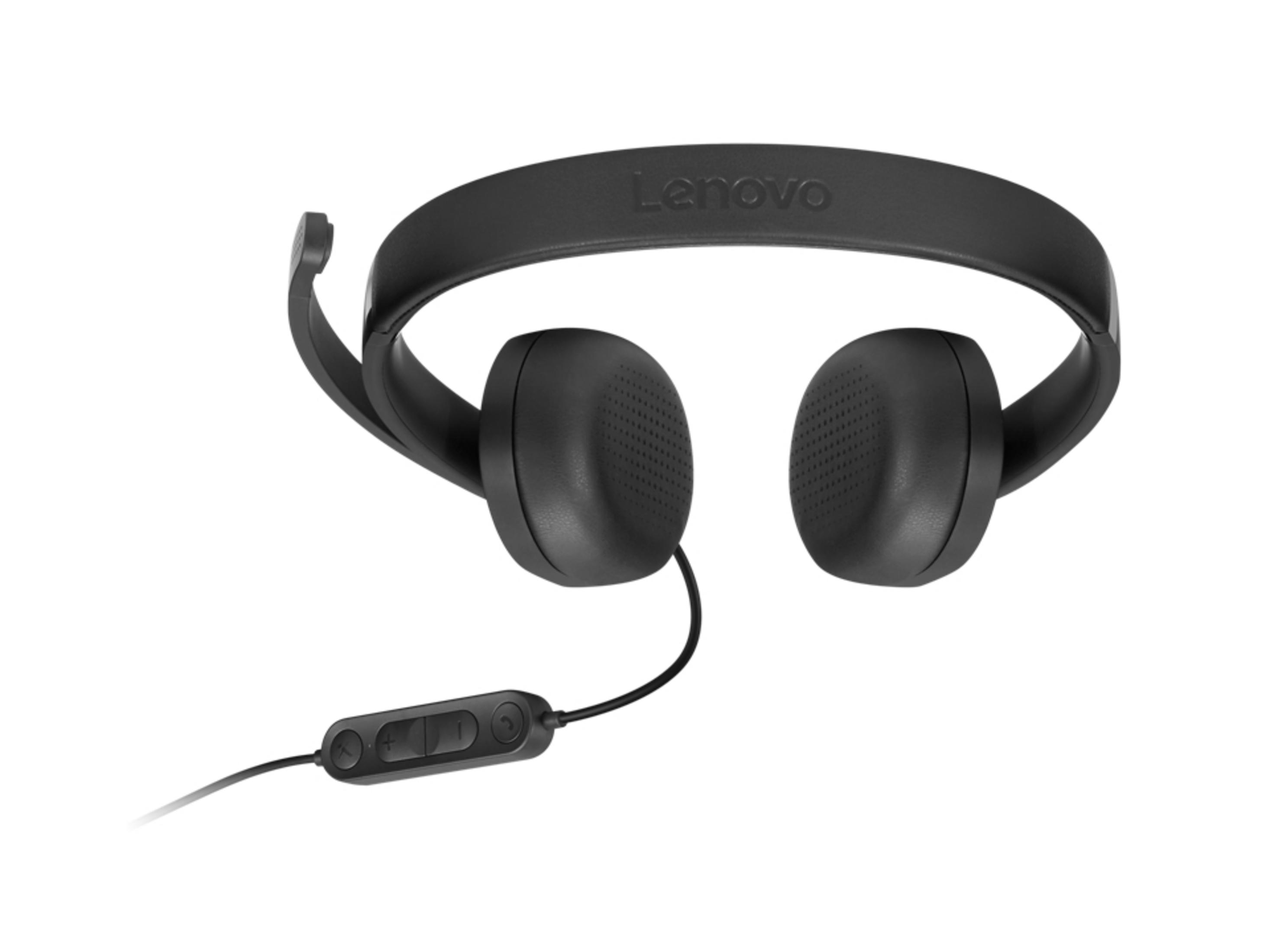 Cuffie Lenovo nere con microfono e controlli in linea su sfondo bianco.