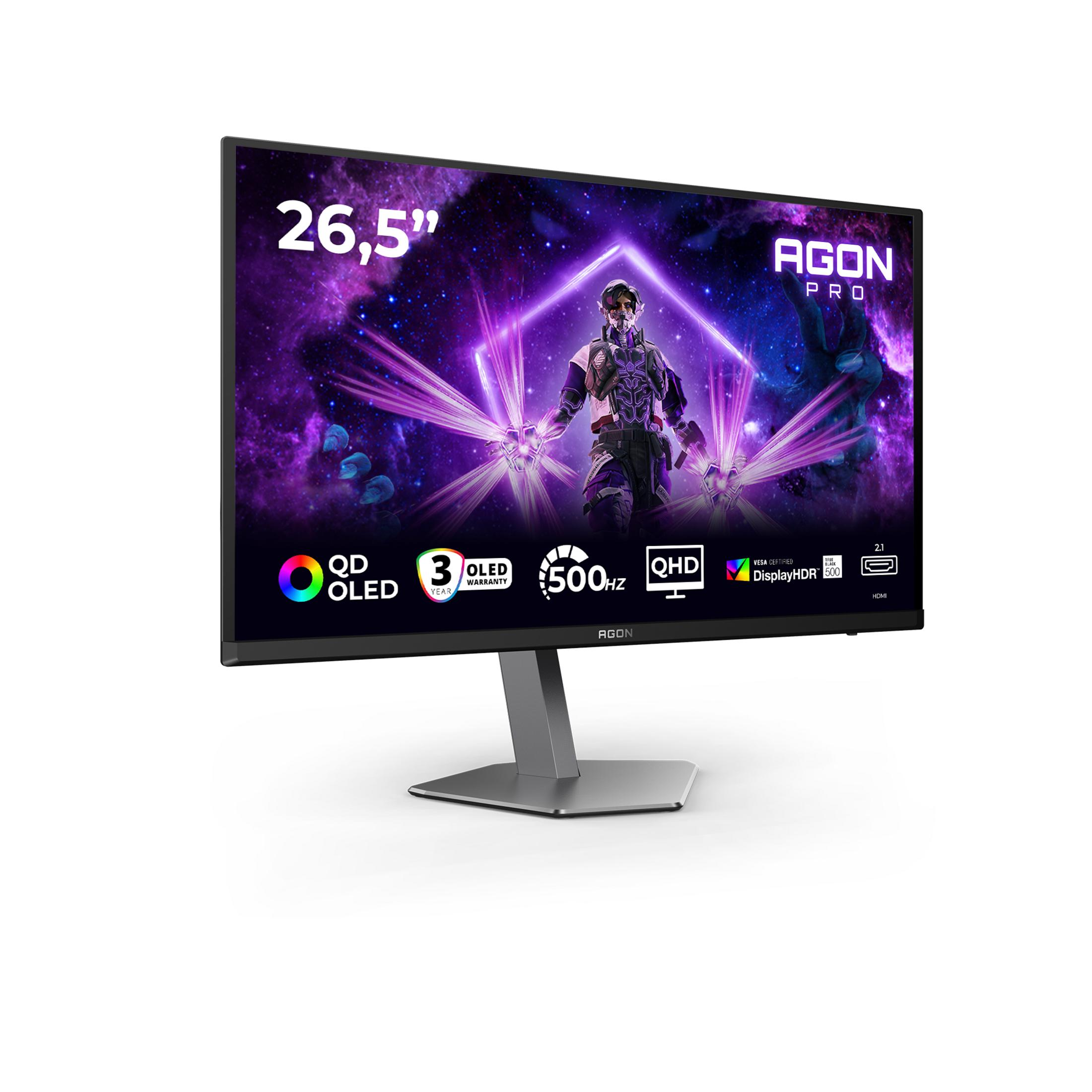 Un monitor gaming AGON PRO da 26,5 pollici con un'immagine futuristica.