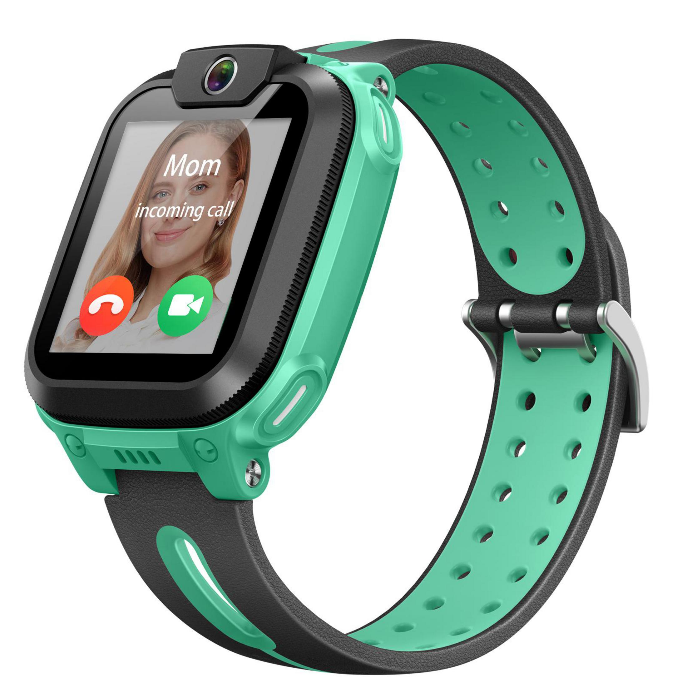 Uno smartwatch verde che mostra una videochiamata in arrivo da 'Mamma'.