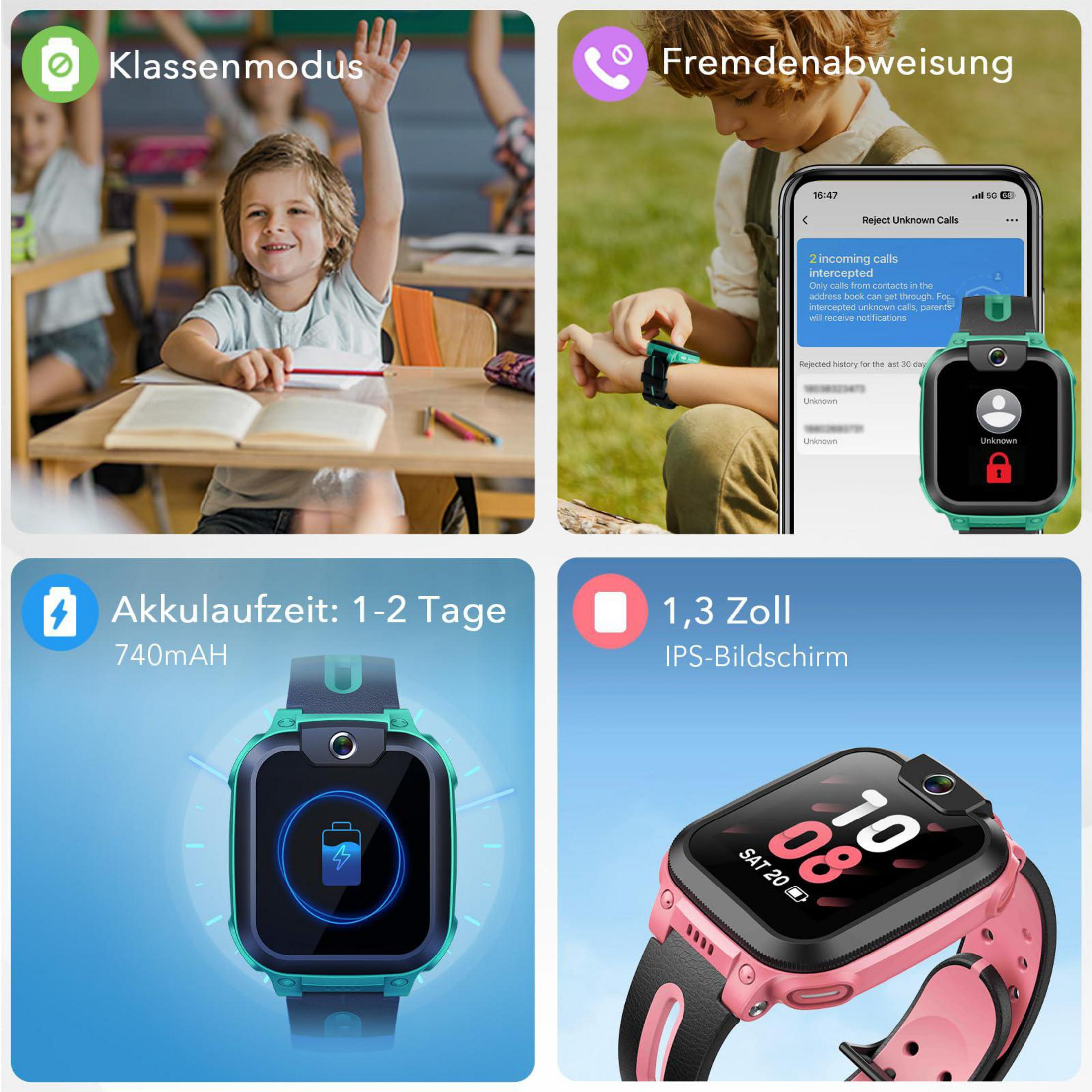 Un ragazzo alza la mano in classe. Uno smartwatch mostra la batteria. Un altro smartwatch mostra chiamate in arrivo.
