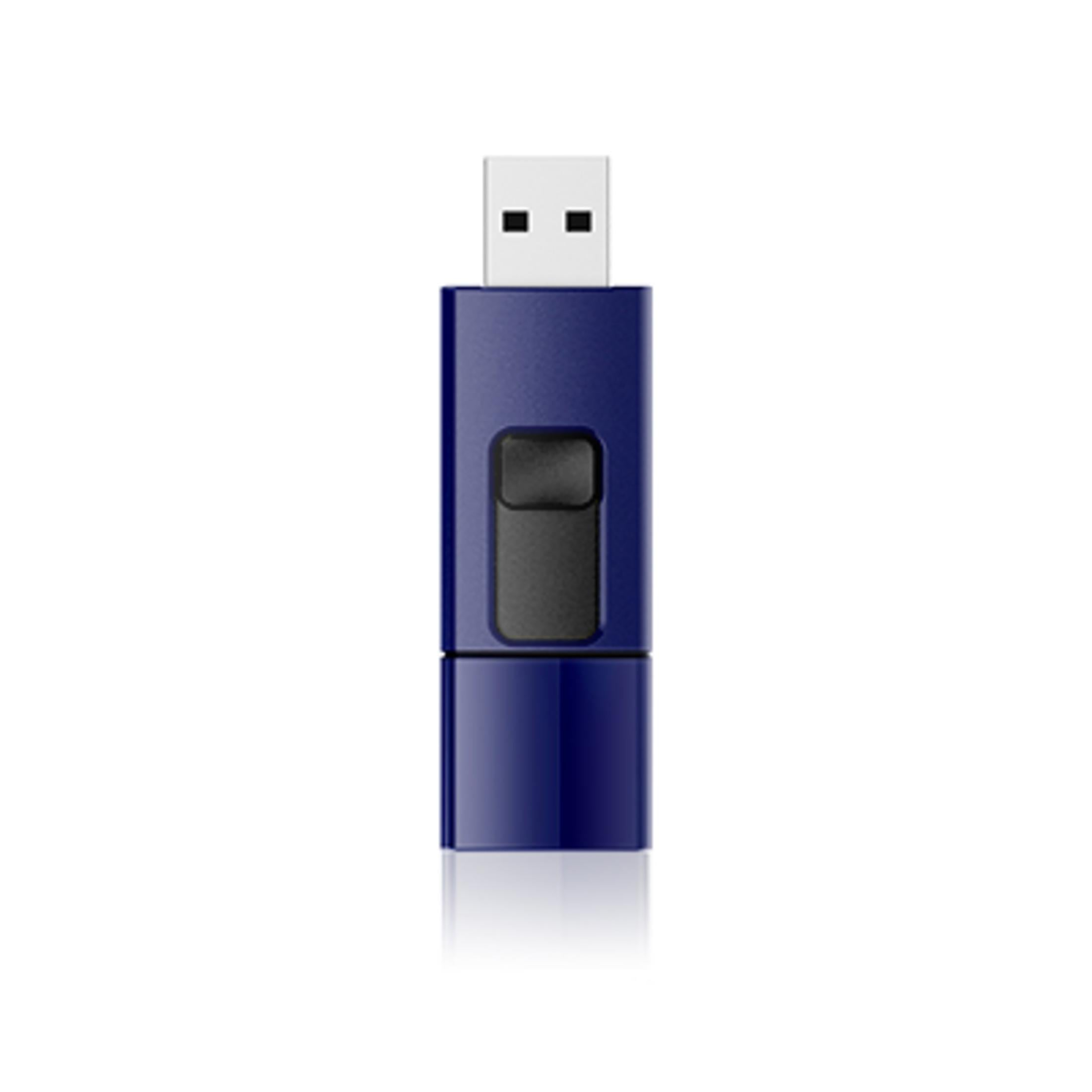 Un'unità USB blu con un cursore nero e un connettore argentato.