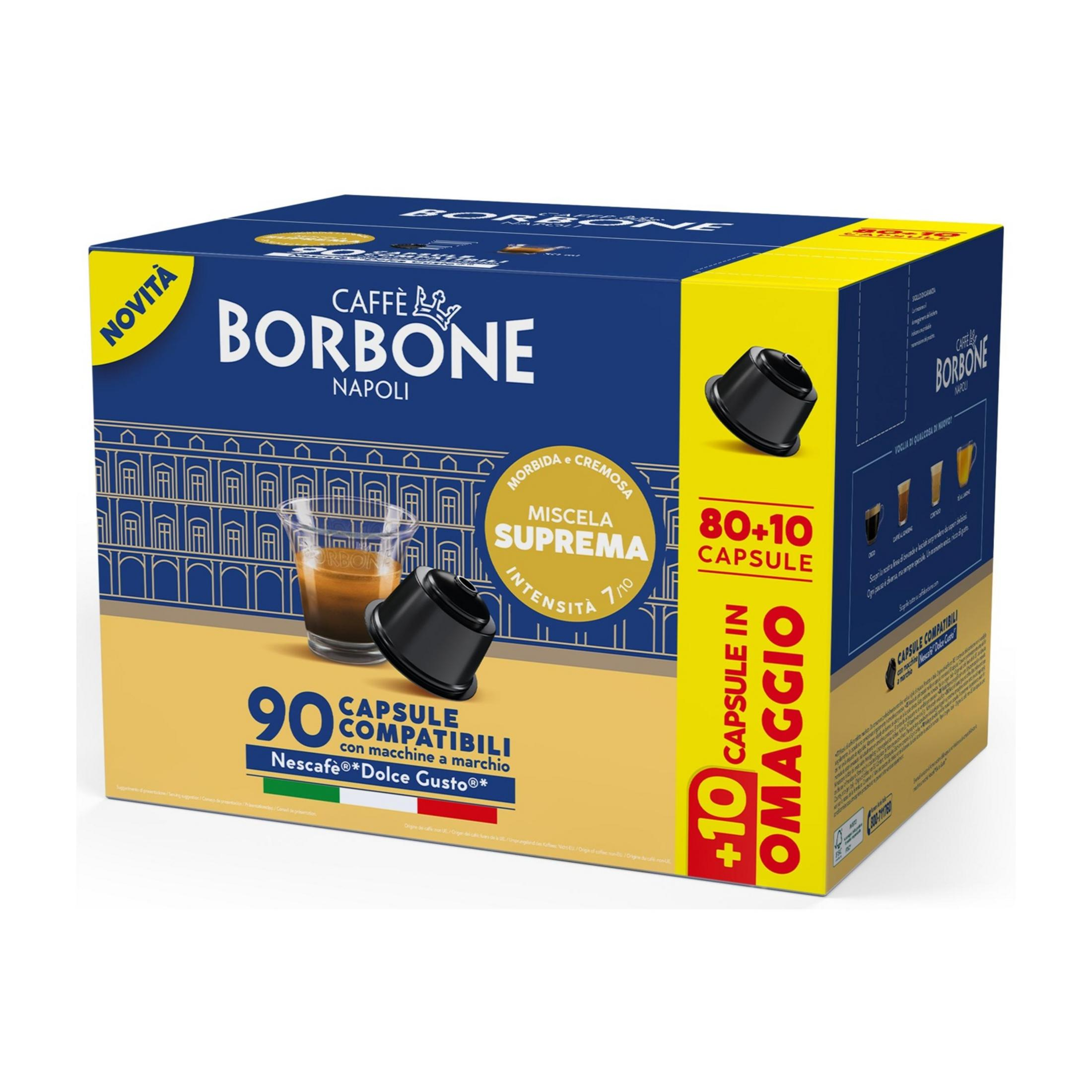 Una scatola di capsule caffè Caffè Borbone, 90+10, con espresso.