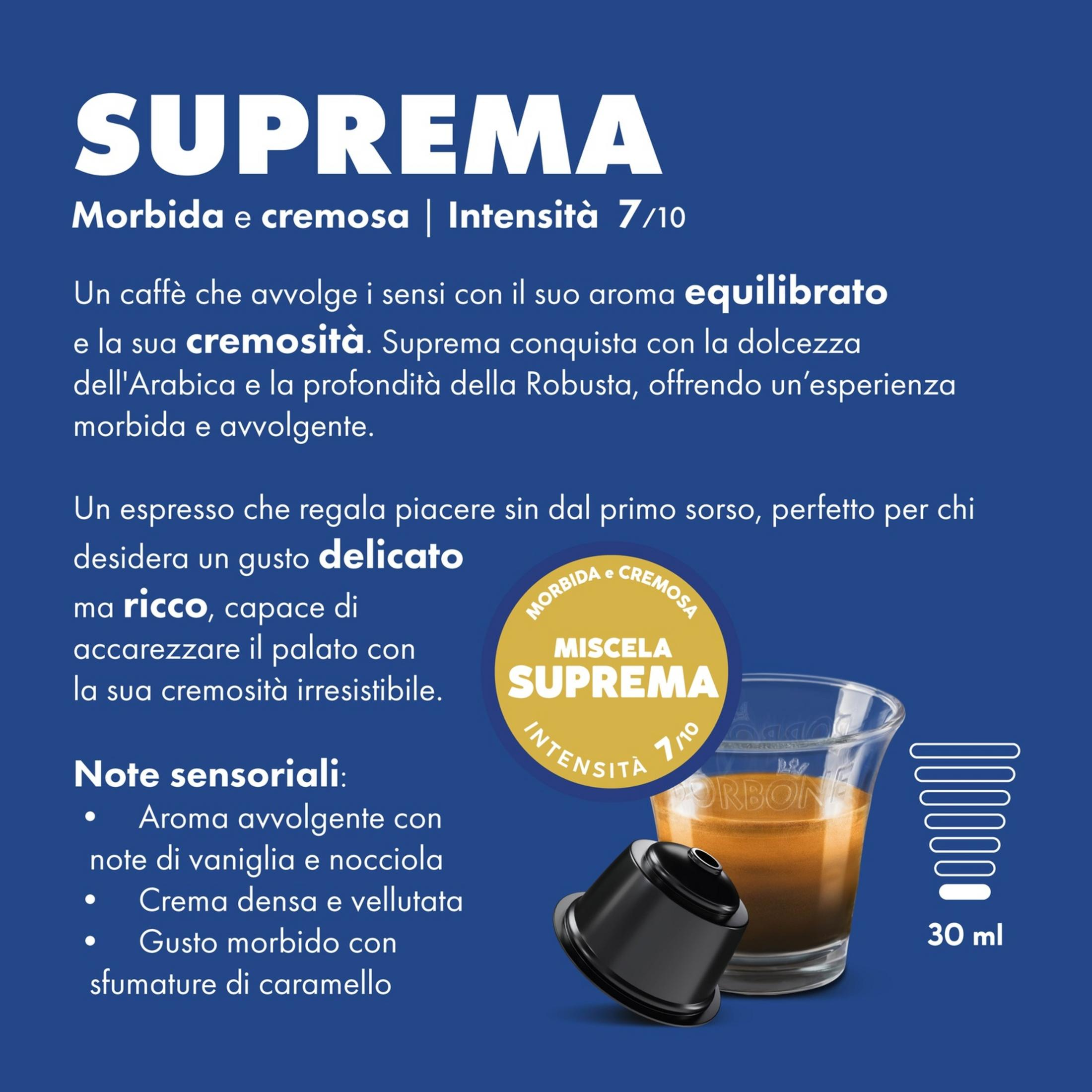 Confezione caffè "Suprema" con capsula e bicchiere. Intensità 7/10.