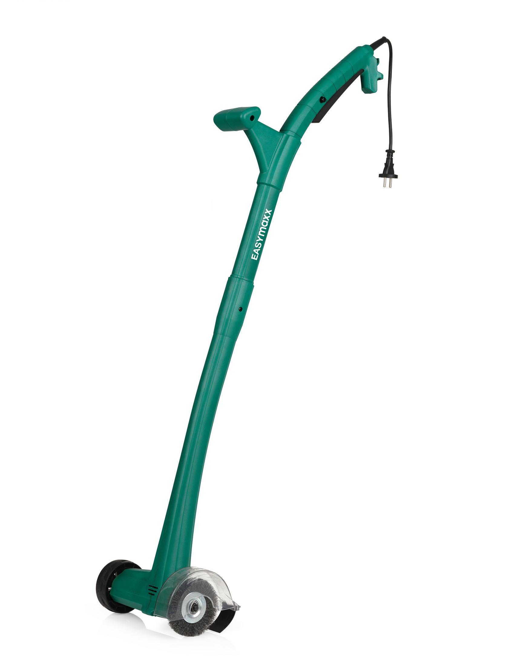 Ein grüner Rasentrimmer mit Stromkabel und Stecker, auf weißem Hintergrund.