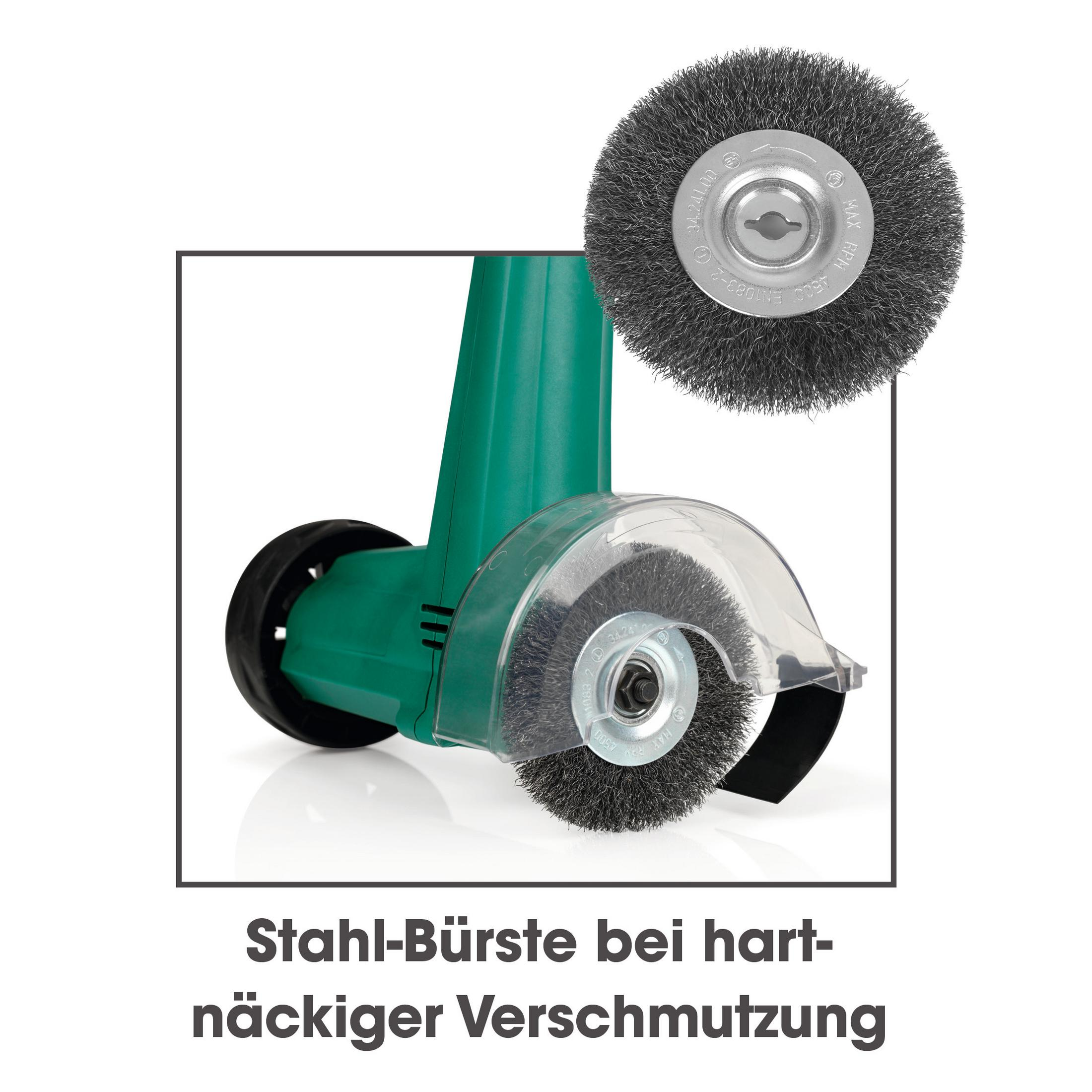 Grüner Winkelschleifer mit Drahtbürste, bereit für grobe Verschmutzungen.