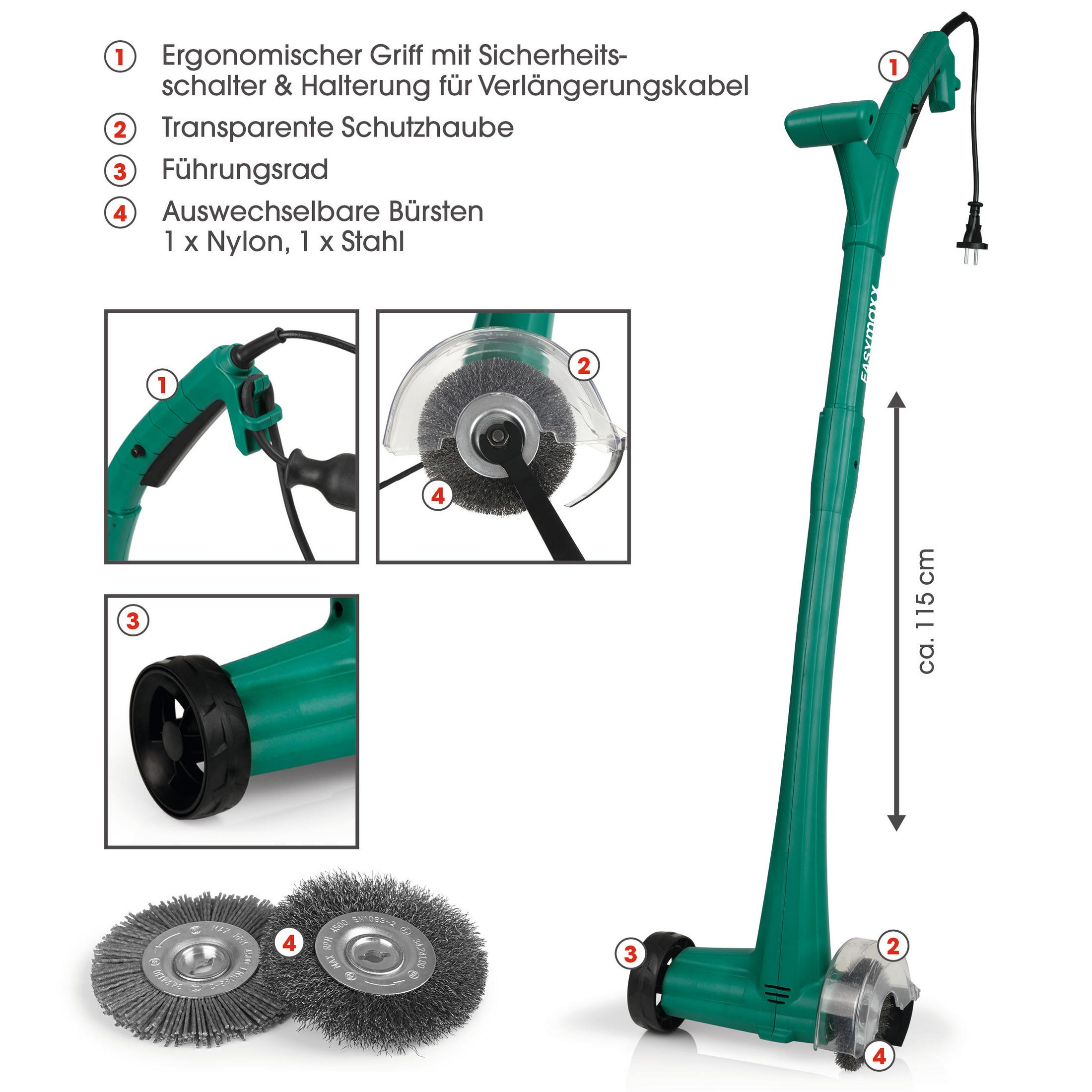 Grüner Rasentrimmer mit Zubehör und Beschriftungen. ca. 115 cm lang.