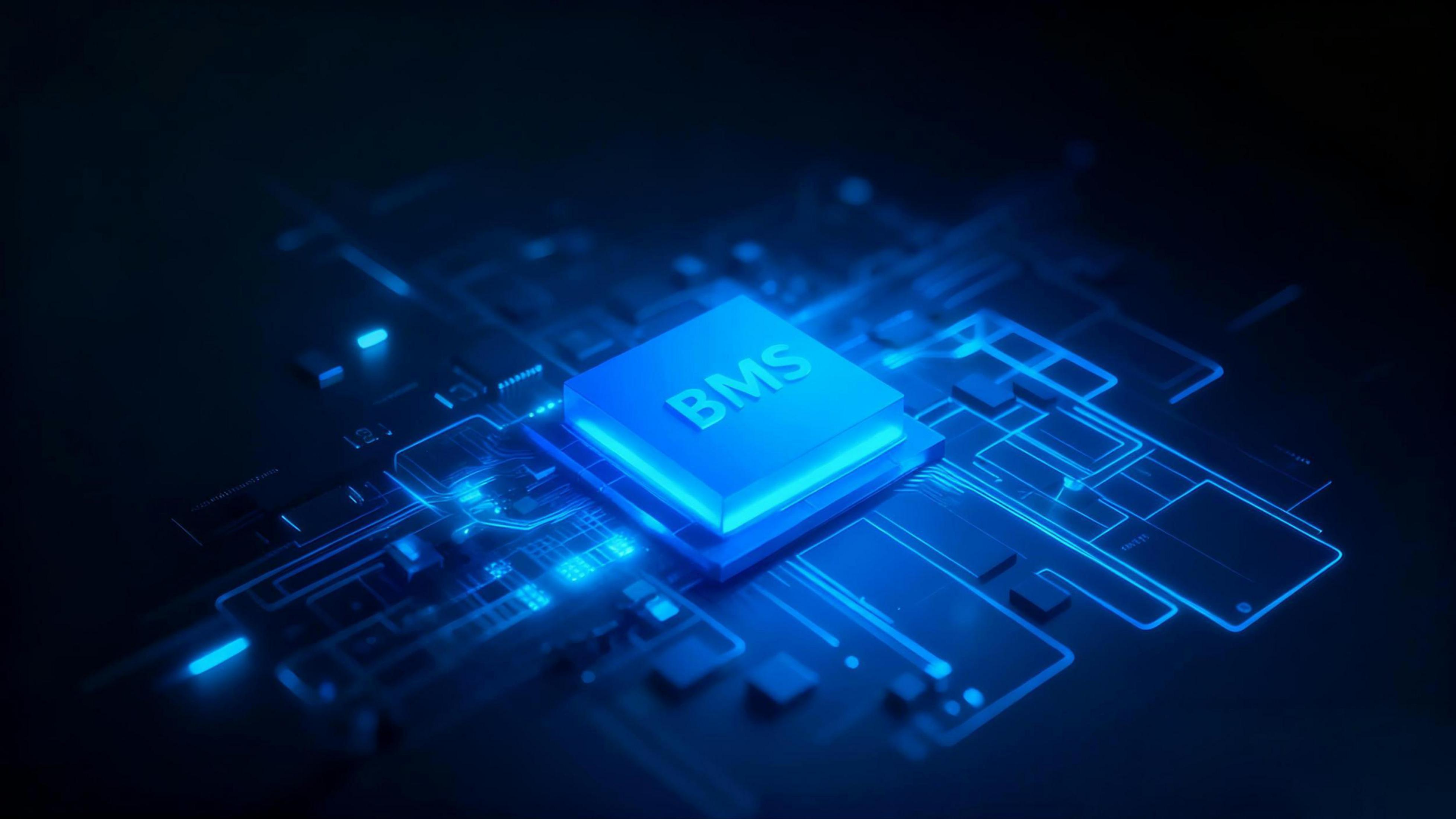 Ein blau leuchtender Chip mit der Aufschrift BMS auf einer Platine mit neongrünen Linien.