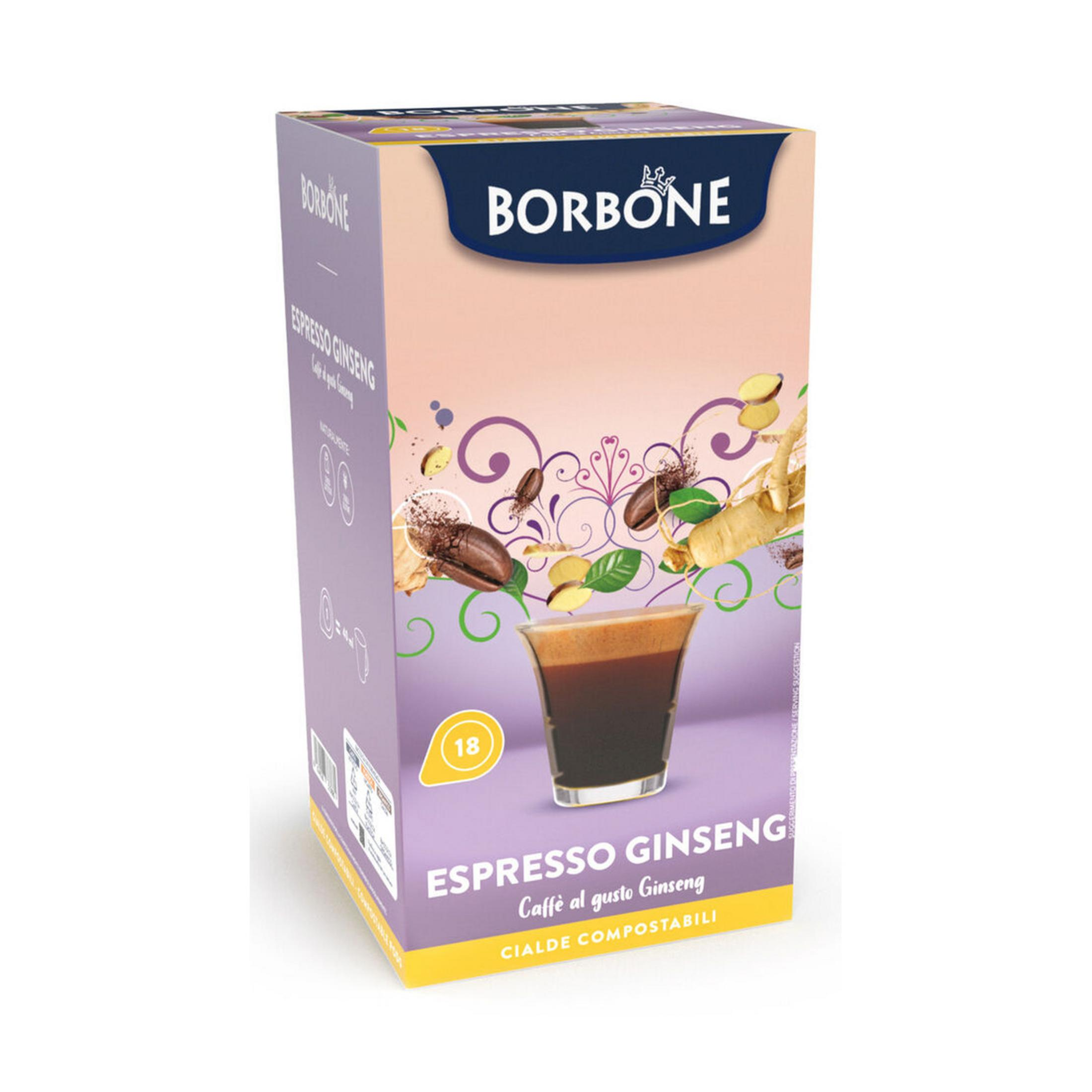 Scatola Borbone Espresso Ginseng con tazza di espresso, chicchi di caffè e zenzero.