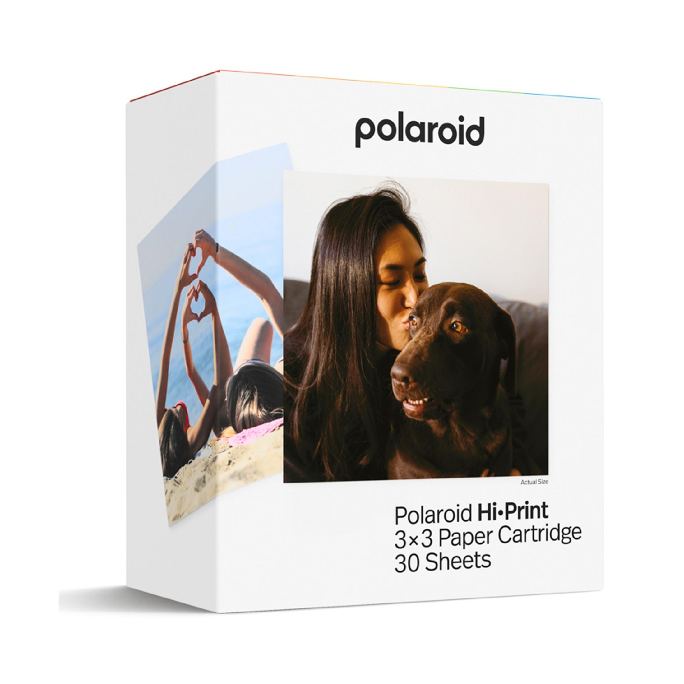 Polaroid Hi-Print kutusu, kadın ve köpek ile kalp şekli yapan insan resimleri.