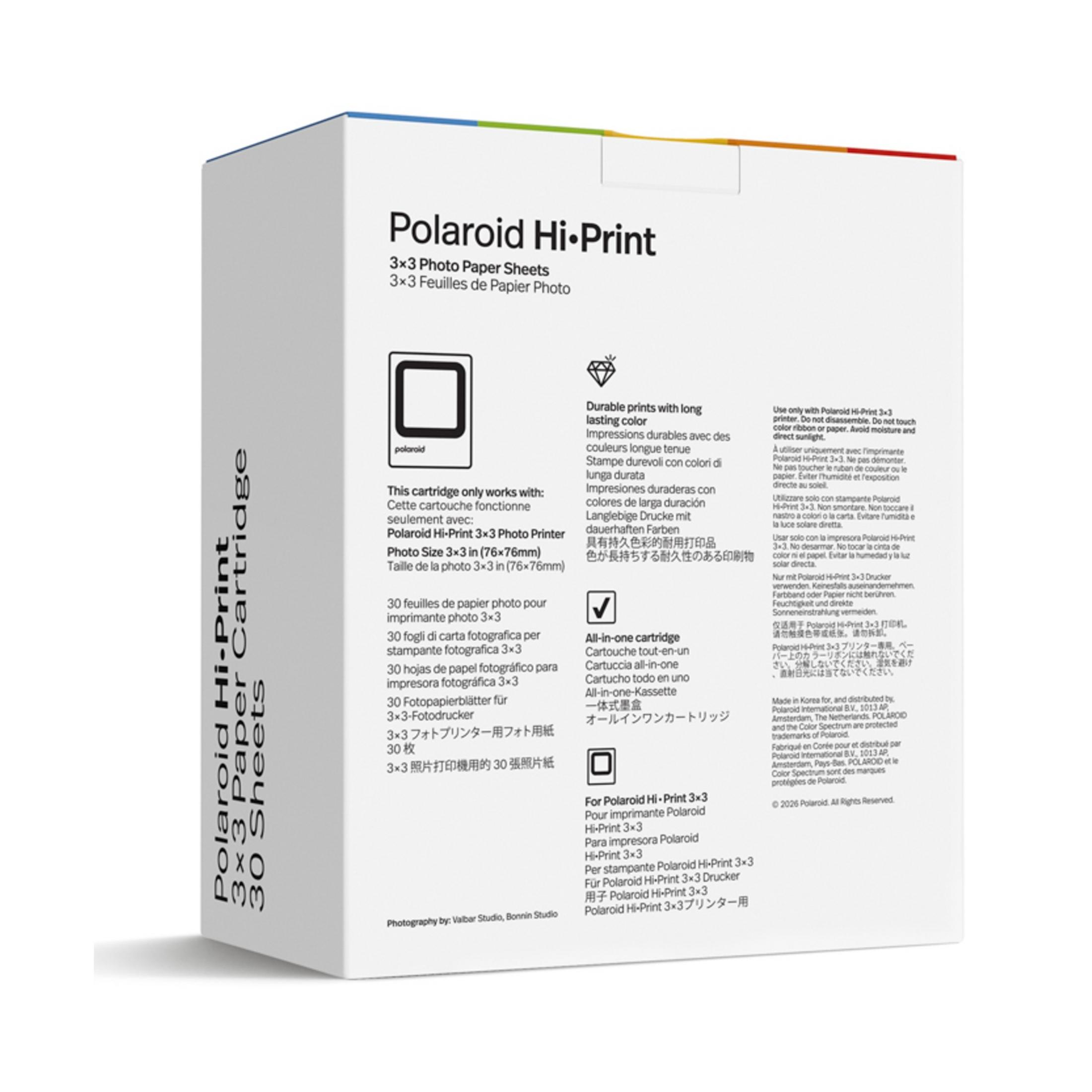 Polaroid Hi-Print 3x3 fotoğraf kağıdı ambalajı, ürün bilgileri içerir.