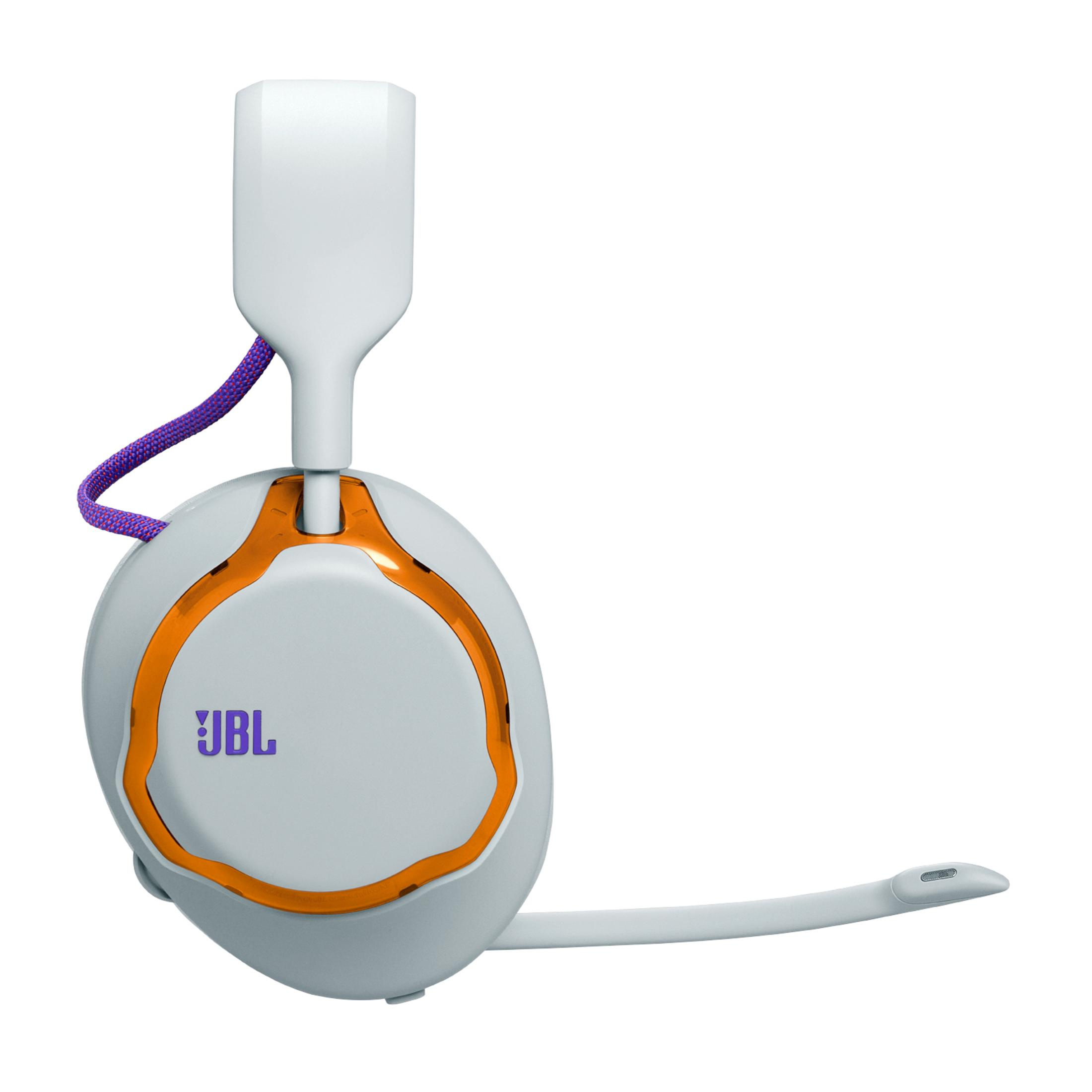 Cuffie bianche con accento arancione e logo JBL.