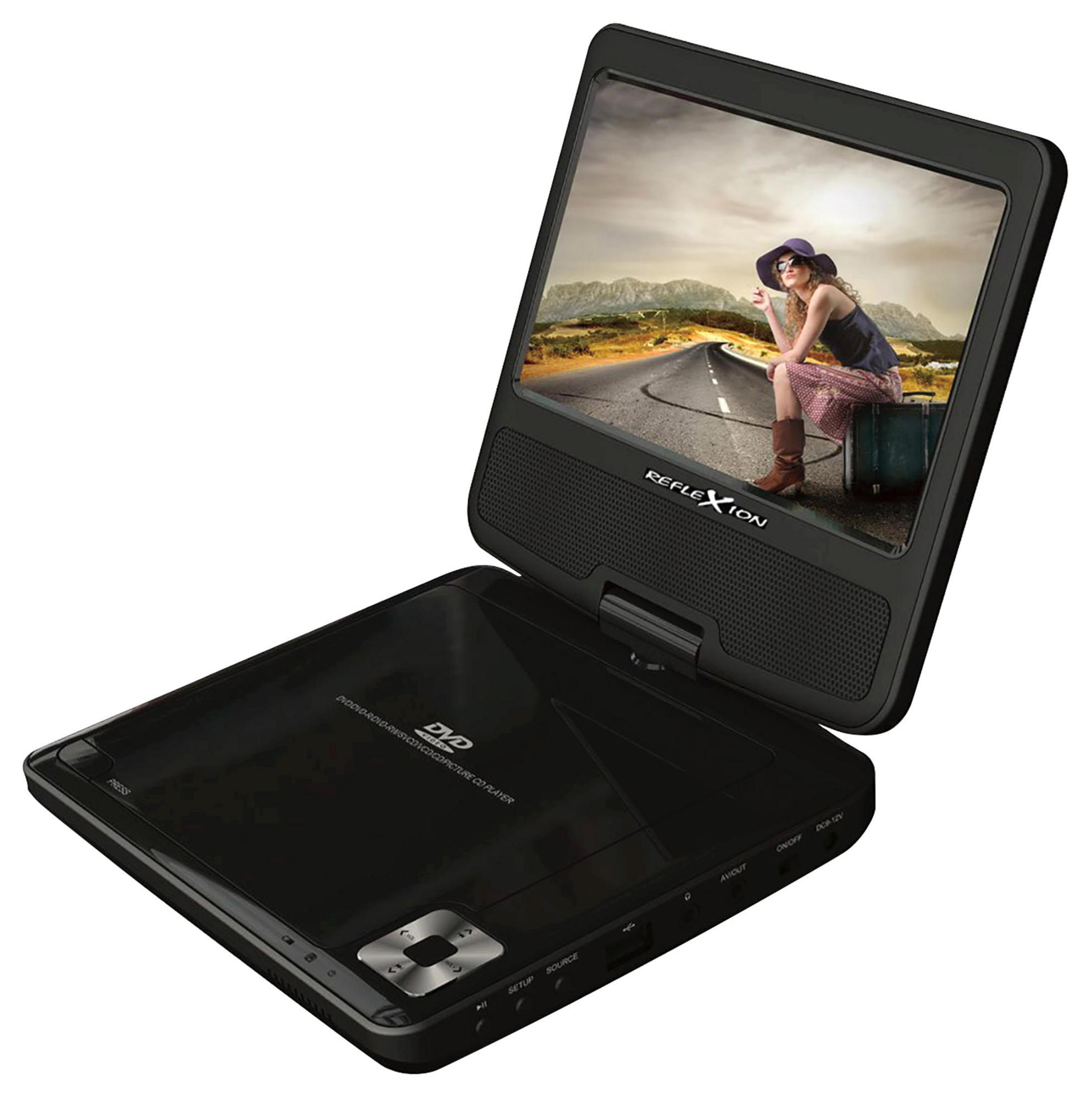 Ein schwarzer tragbarer DVD-Player, geöffnet, mit einem Mädchen auf dem Bildschirm.