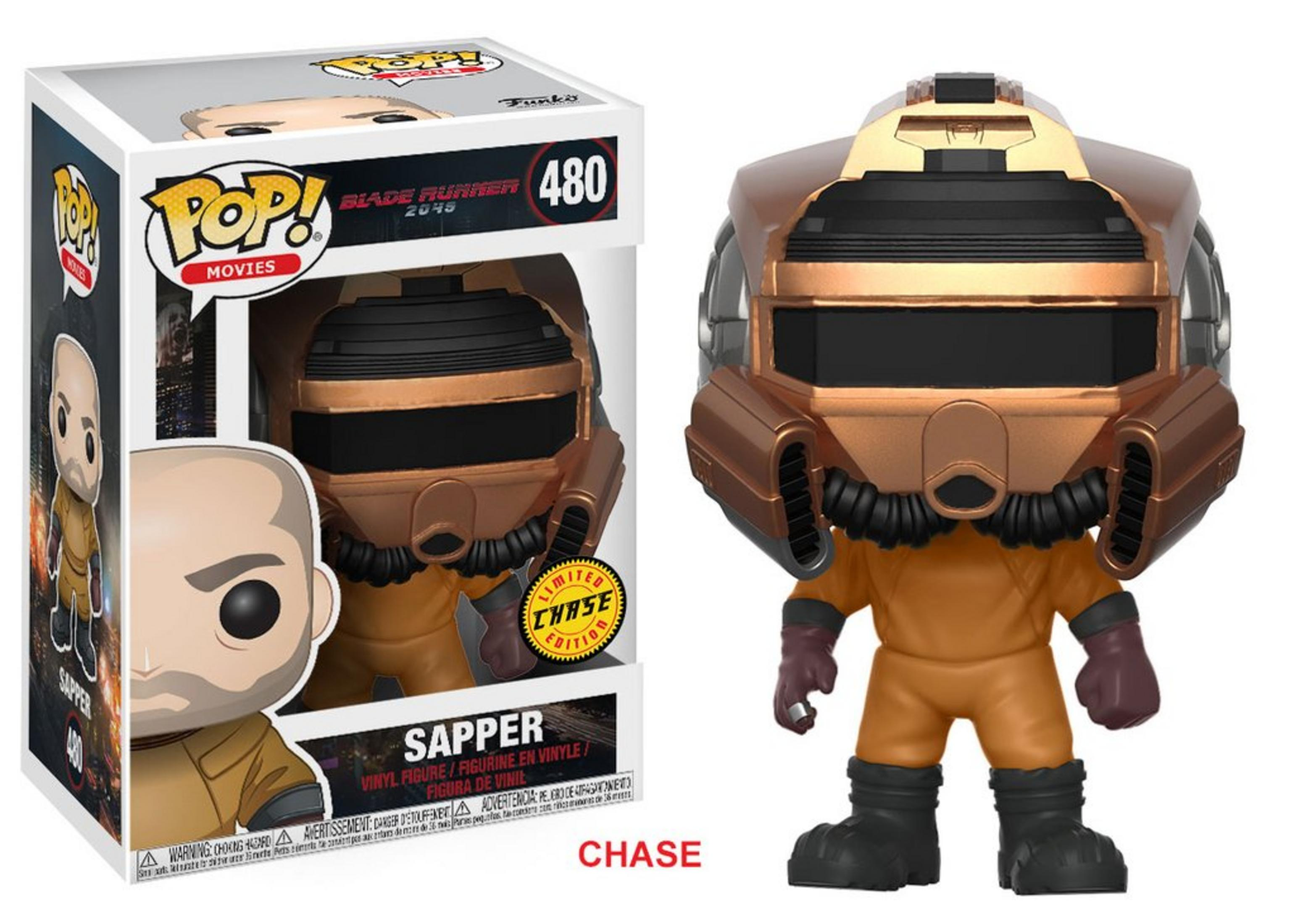 Funko Pop Figur von Sapper aus Blade Runner 2049 im orangefarbenen Anzug mit Helm.