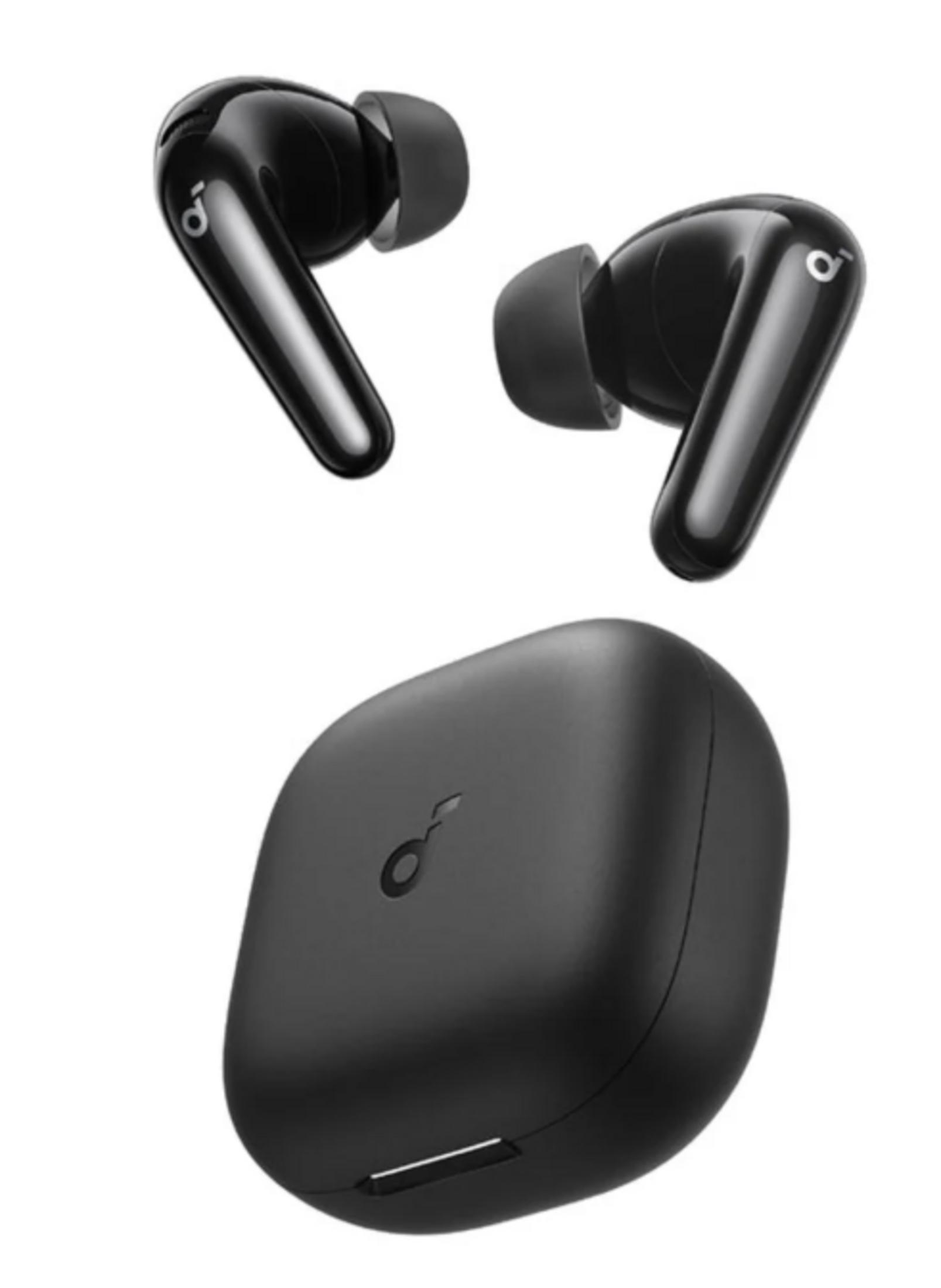 Due auricolari wireless neri e una custodia di ricarica con logo.