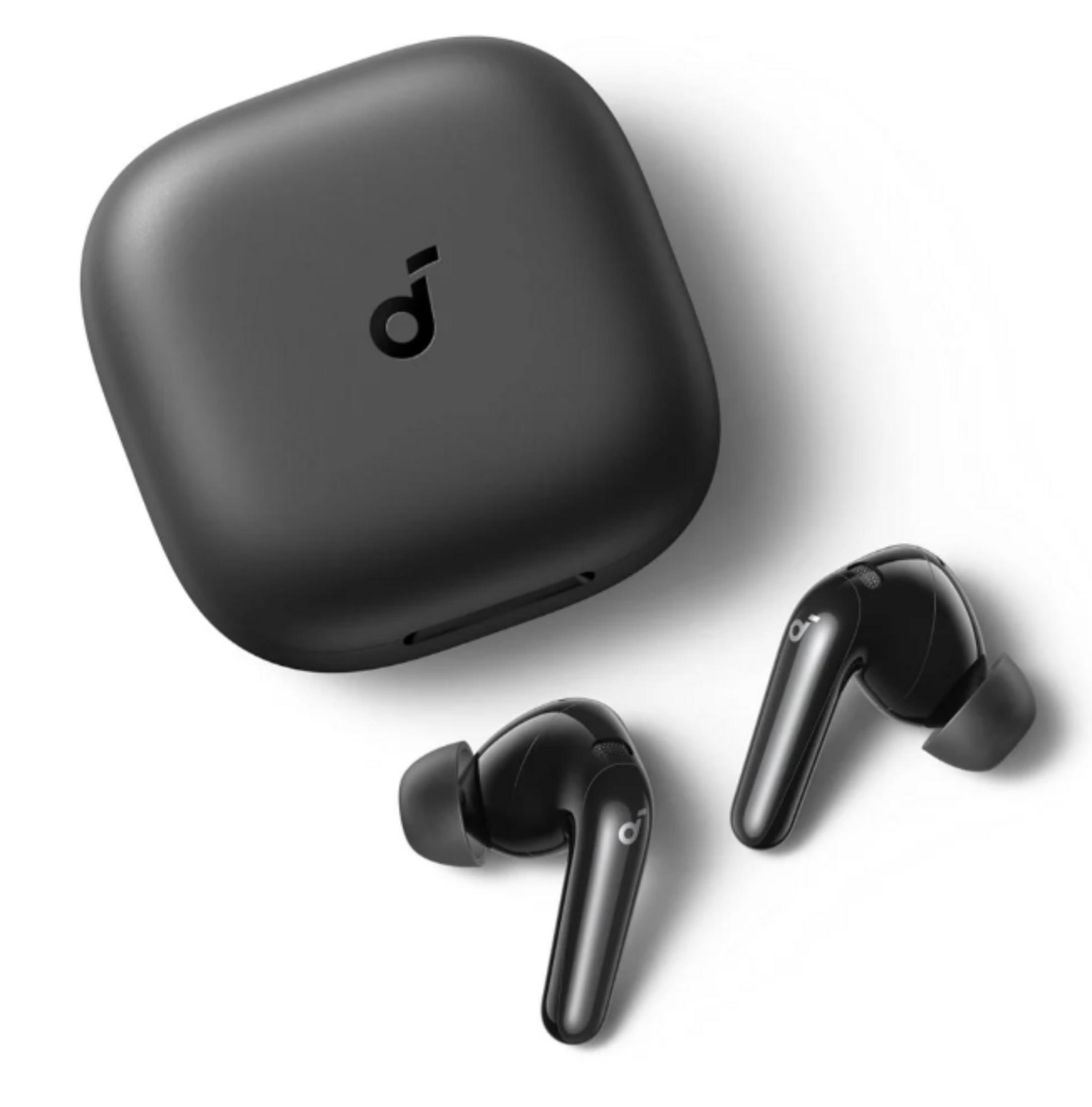 Auricolari wireless neri con custodia di ricarica su sfondo bianco.