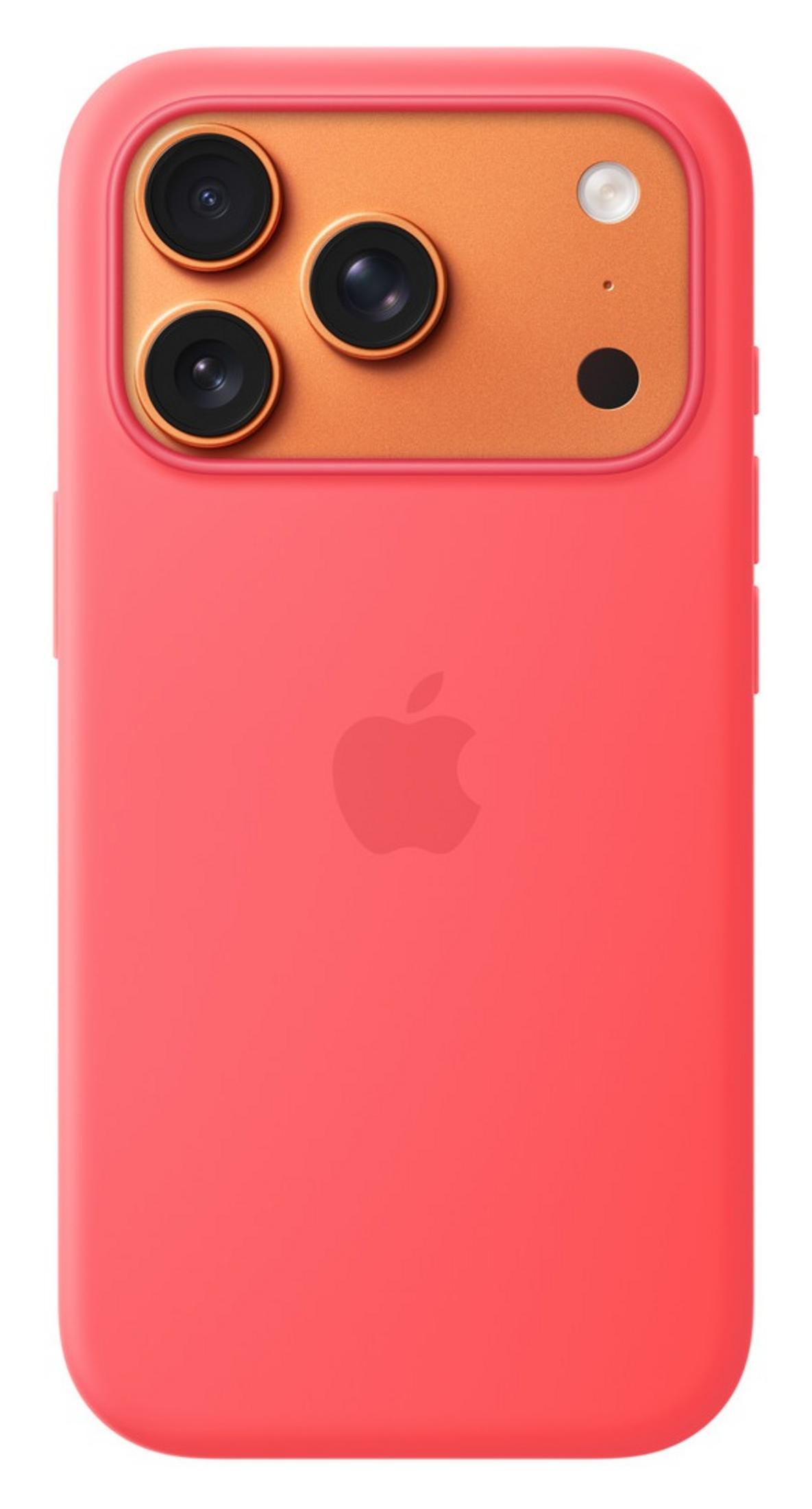 Ein korallenrotes iPhone-Case mit einem orangenen Kameramodul und drei Linsen.