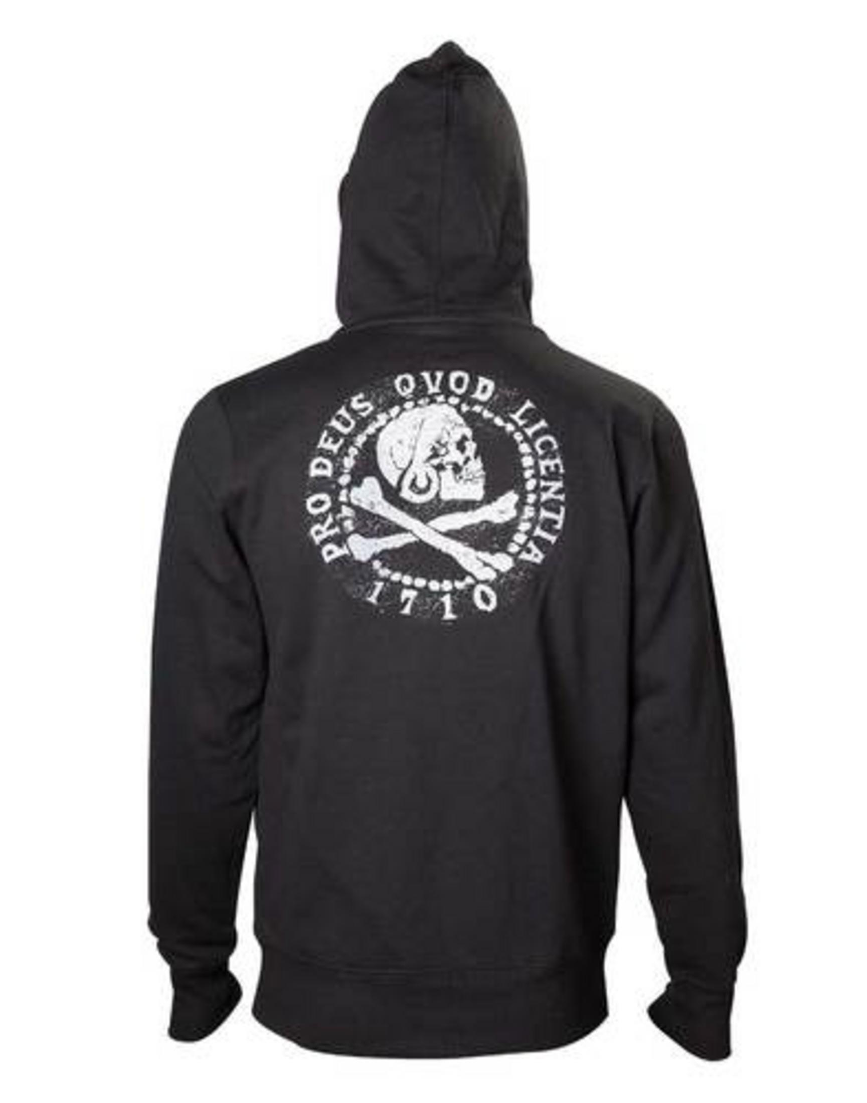 Schwarzer Hoodie mit Totenkopf- und gekreuzten Knochen-Aufdruck und dem Text "PRO DEUS OVOD LICENTIA 1710".