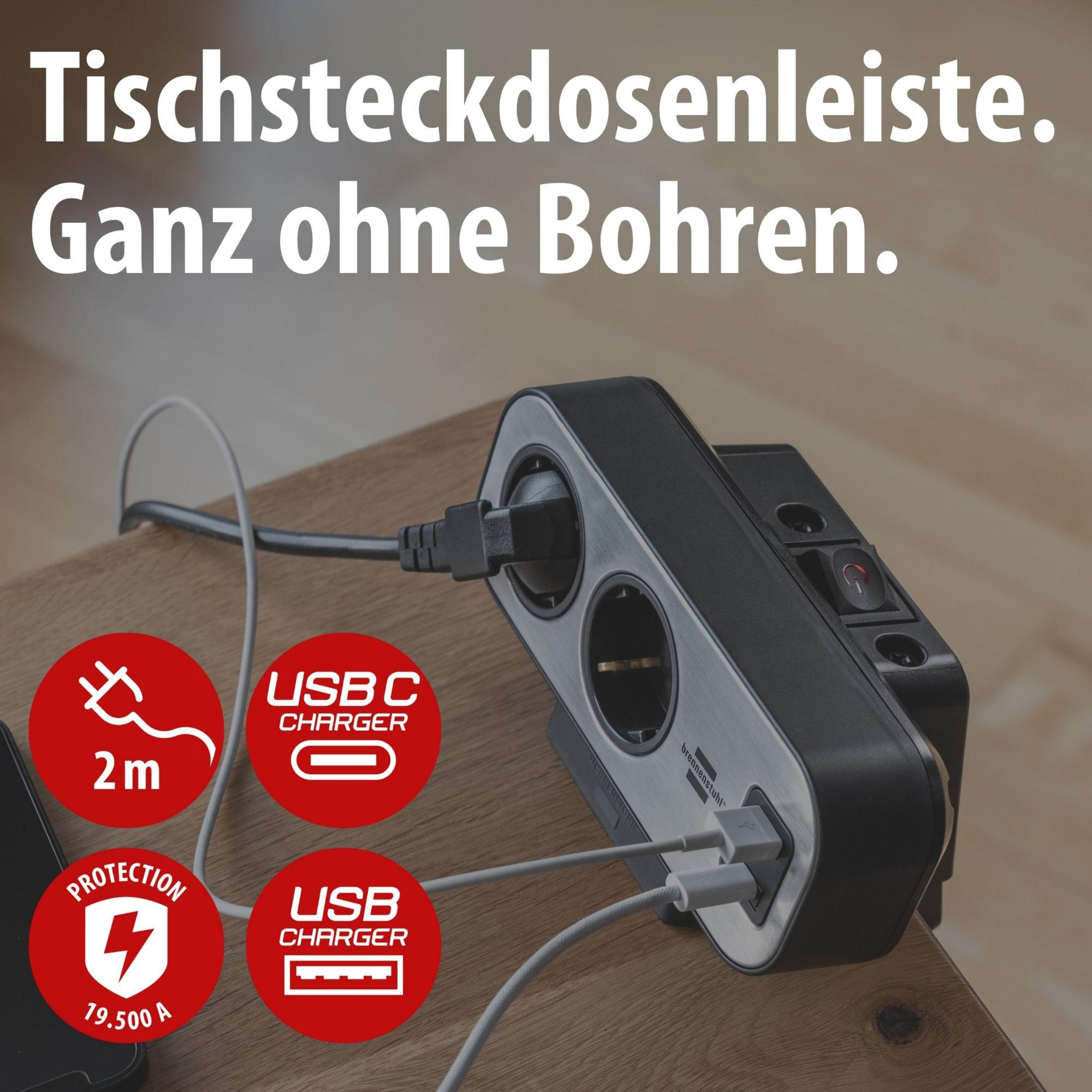 Listwa zasilająca na biurko z portami USB-C i USB-A, kabel 2m, ochrona przeciwprzepięciowa.