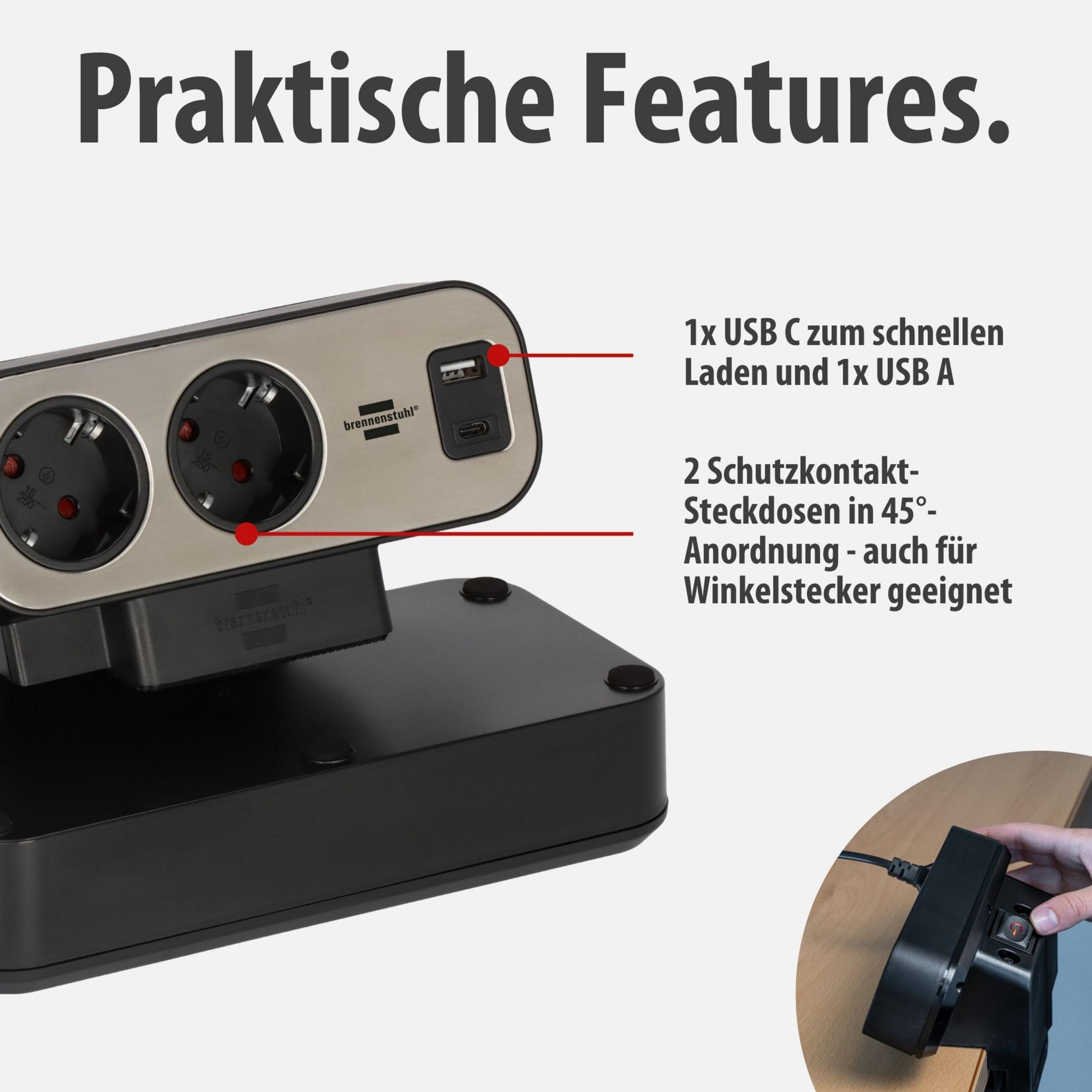 Czarna listwa zasilająca z 2 gniazdami, 1x USB C i 1x portem USB A.