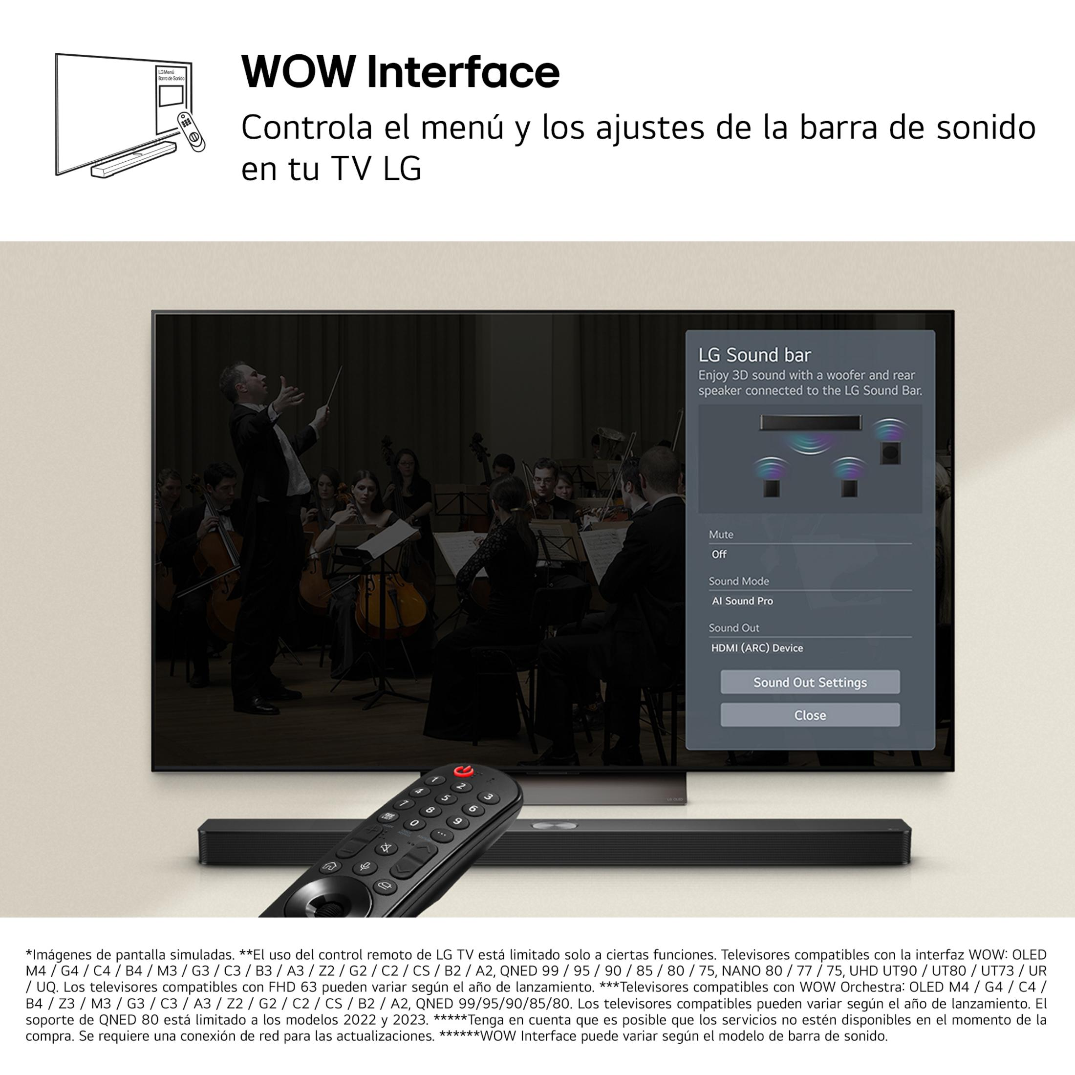 TV LG con menu soundbar: Direttore d'orchestra e orchestra sullo schermo.