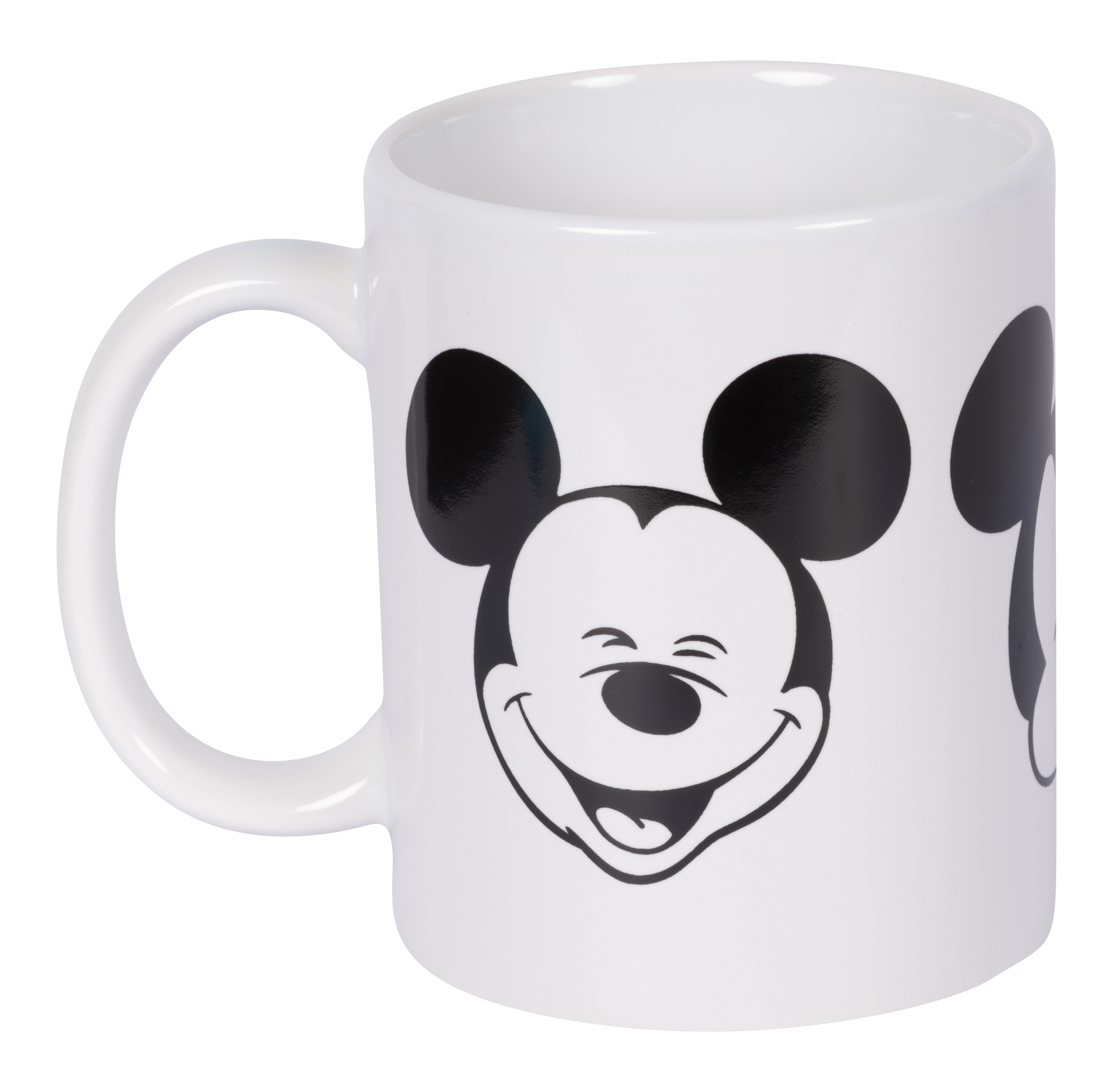 Weiße Tasse mit Mickey Maus Gesicht und Ohren im schwarzen Design.