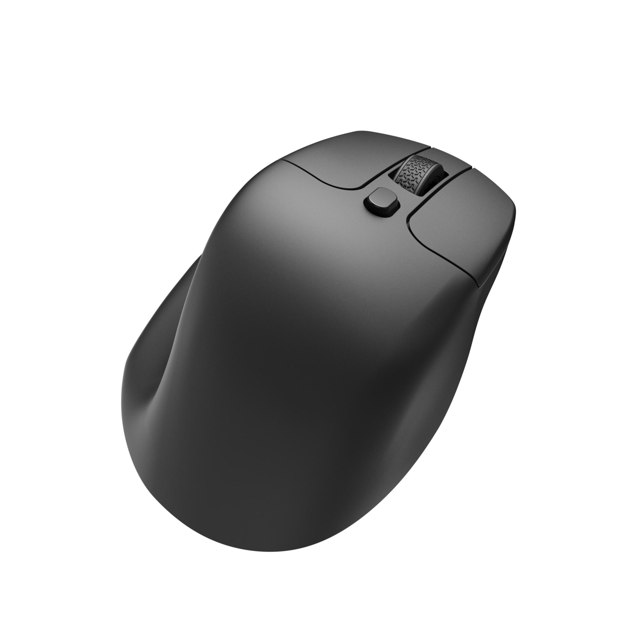 Un mouse per computer wireless nero con rotellina di scorrimento e pulsanti, su sfondo bianco.