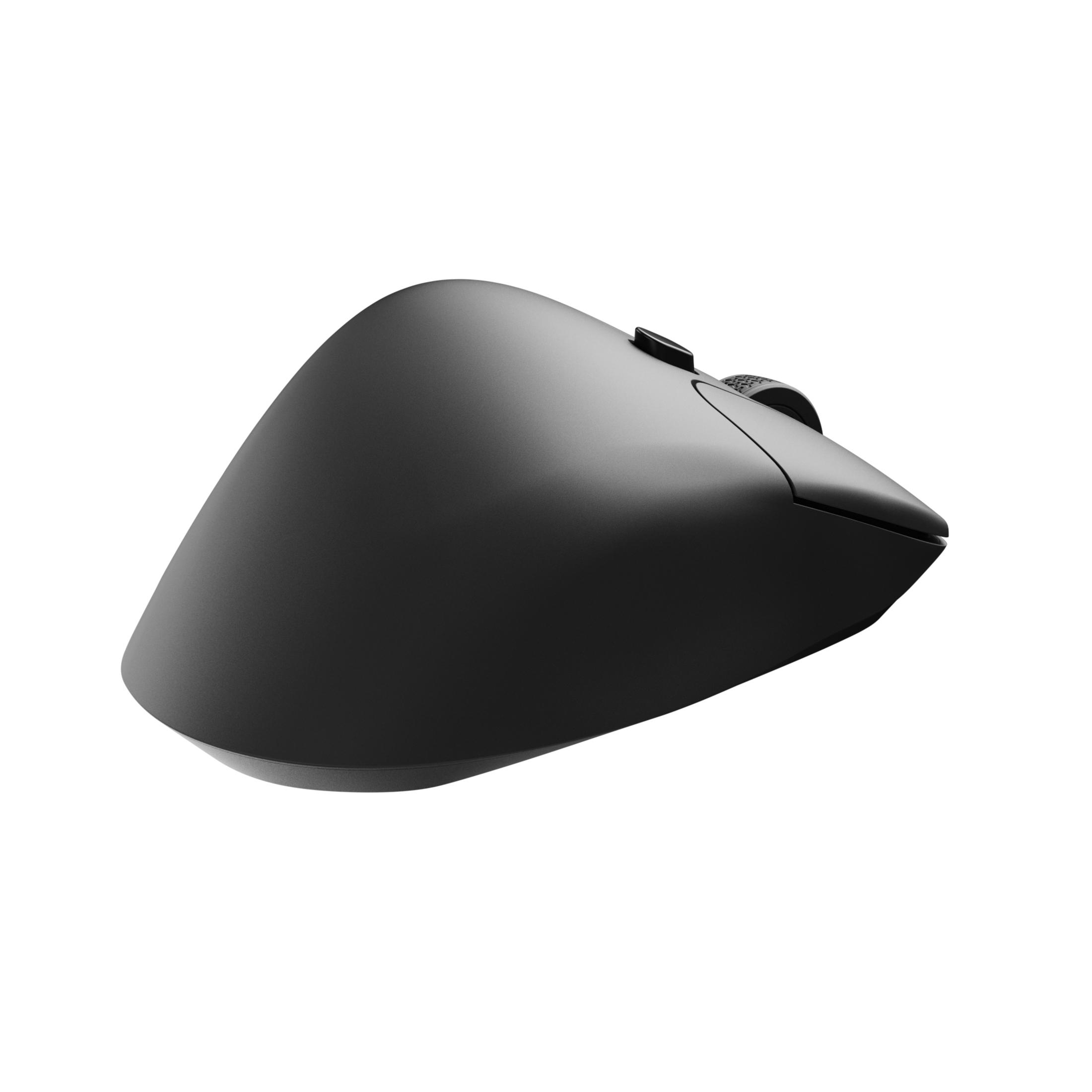 Mouse per computer nero dal design ergonomico su sfondo bianco.