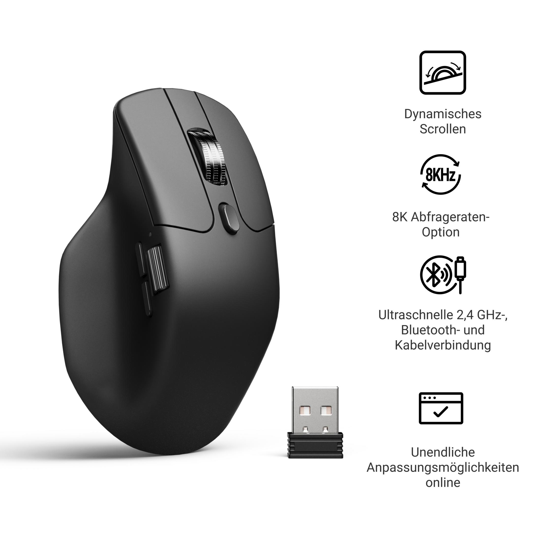 Mouse ergonomico nero con dongle USB e icone delle funzioni.