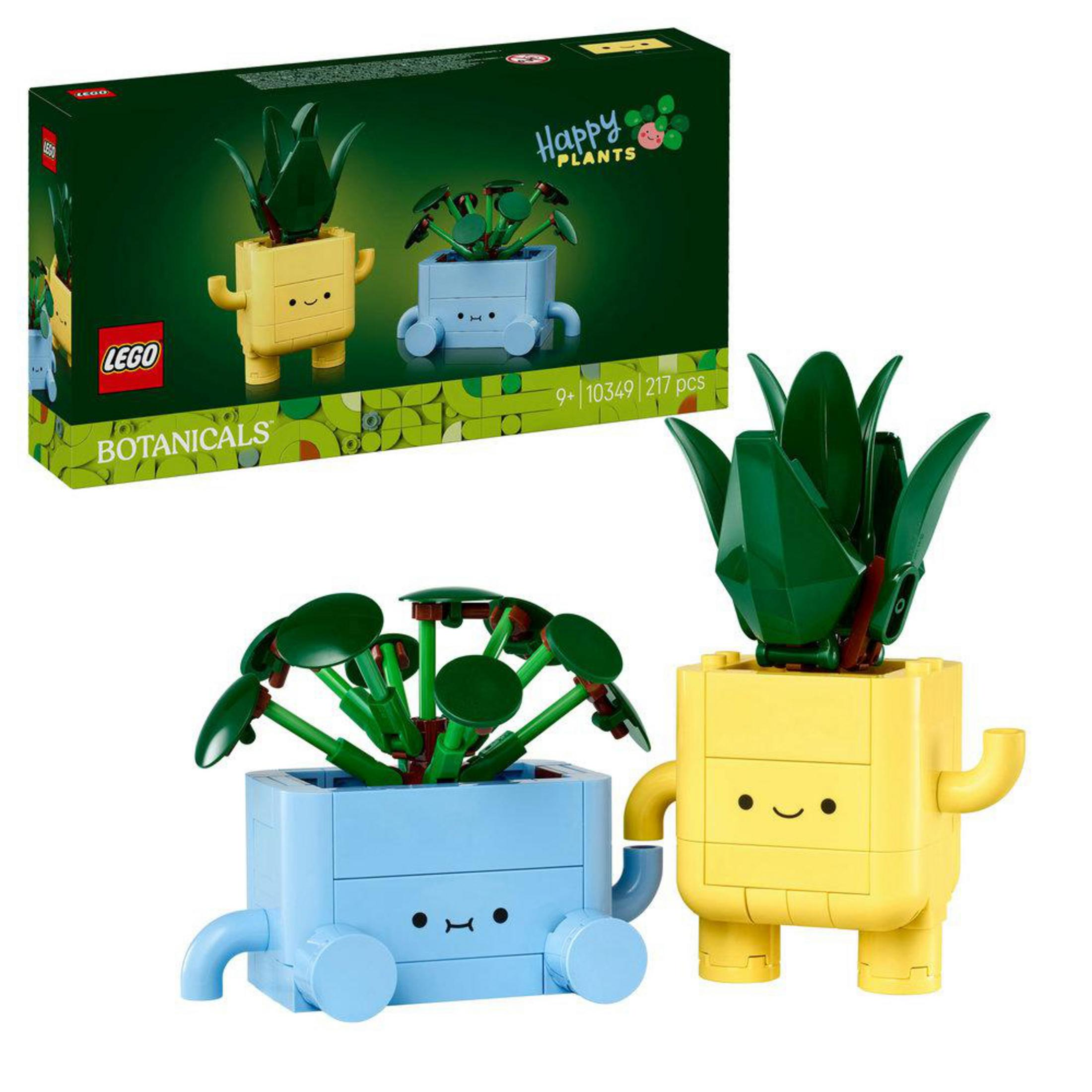 Dos sets de plantas LEGO: una figura amarilla y una azul con hojas verdes.