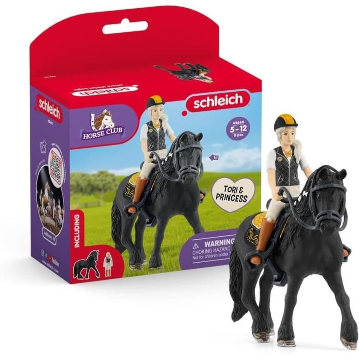 Set Schleich con cavallo nero e cavallerizza, e confezione.
