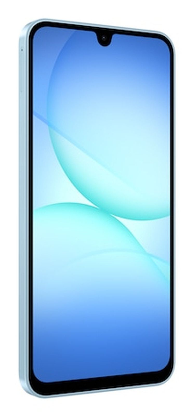 Uno smartphone azzurro con notch a V per la fotocamera.