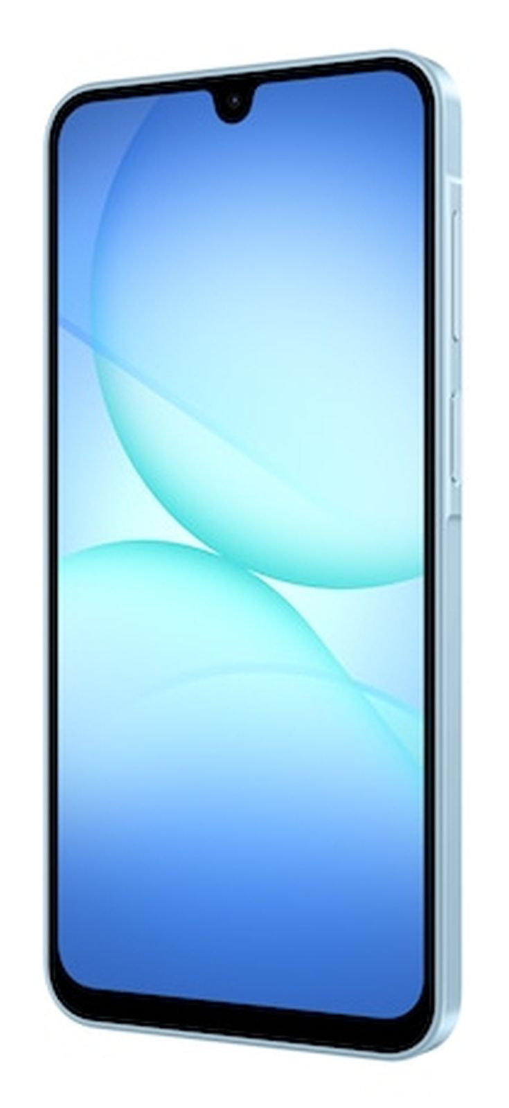 Uno smartphone azzurro con una tacca a goccia per la fotocamera.