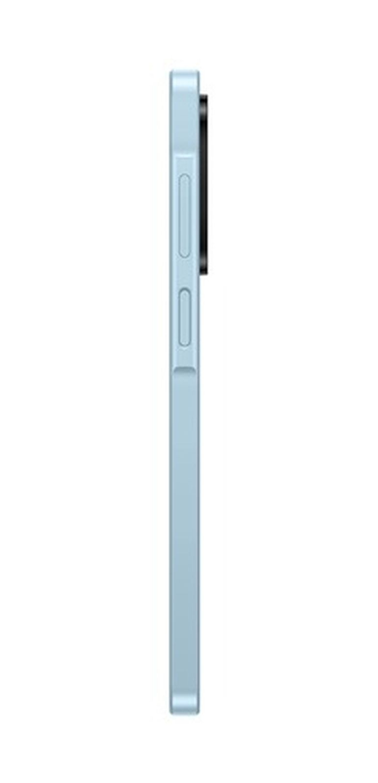 Uno smartphone azzurro con modulo fotocamera nero, visto di profilo.
