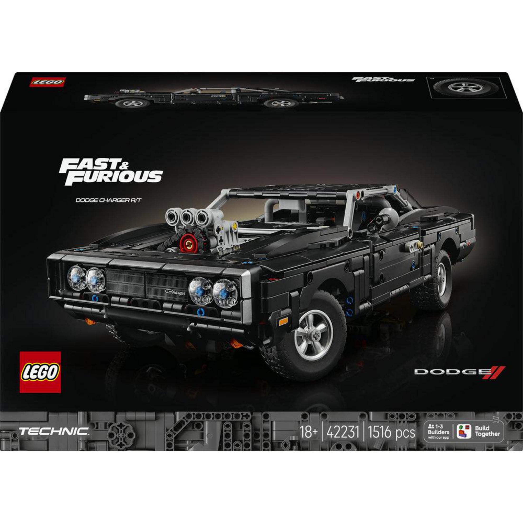 "Fast & Furious" logolu siyah LEGO Technic Dodge Charger R/T model araba seti.