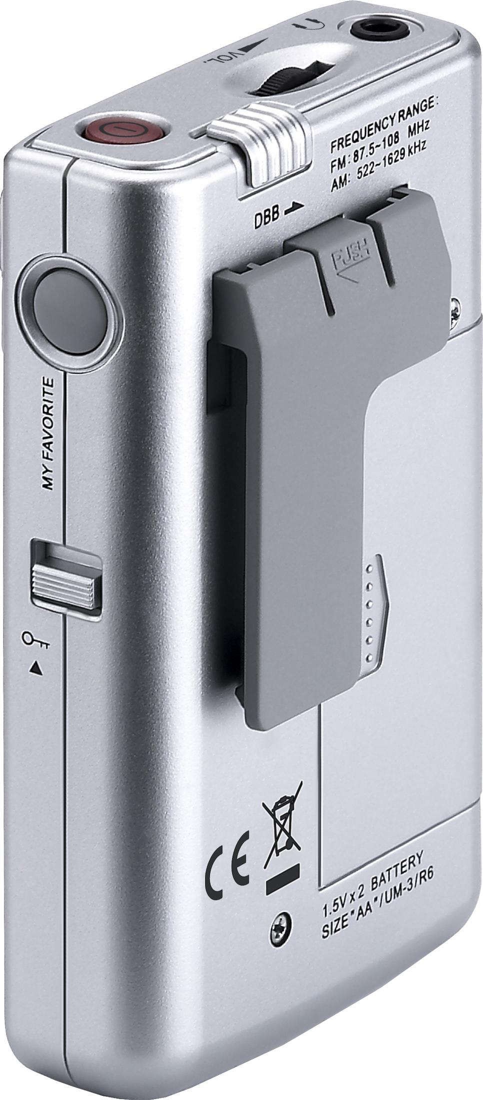 Radio portatile argento con controlli, etichette e vano batteria.