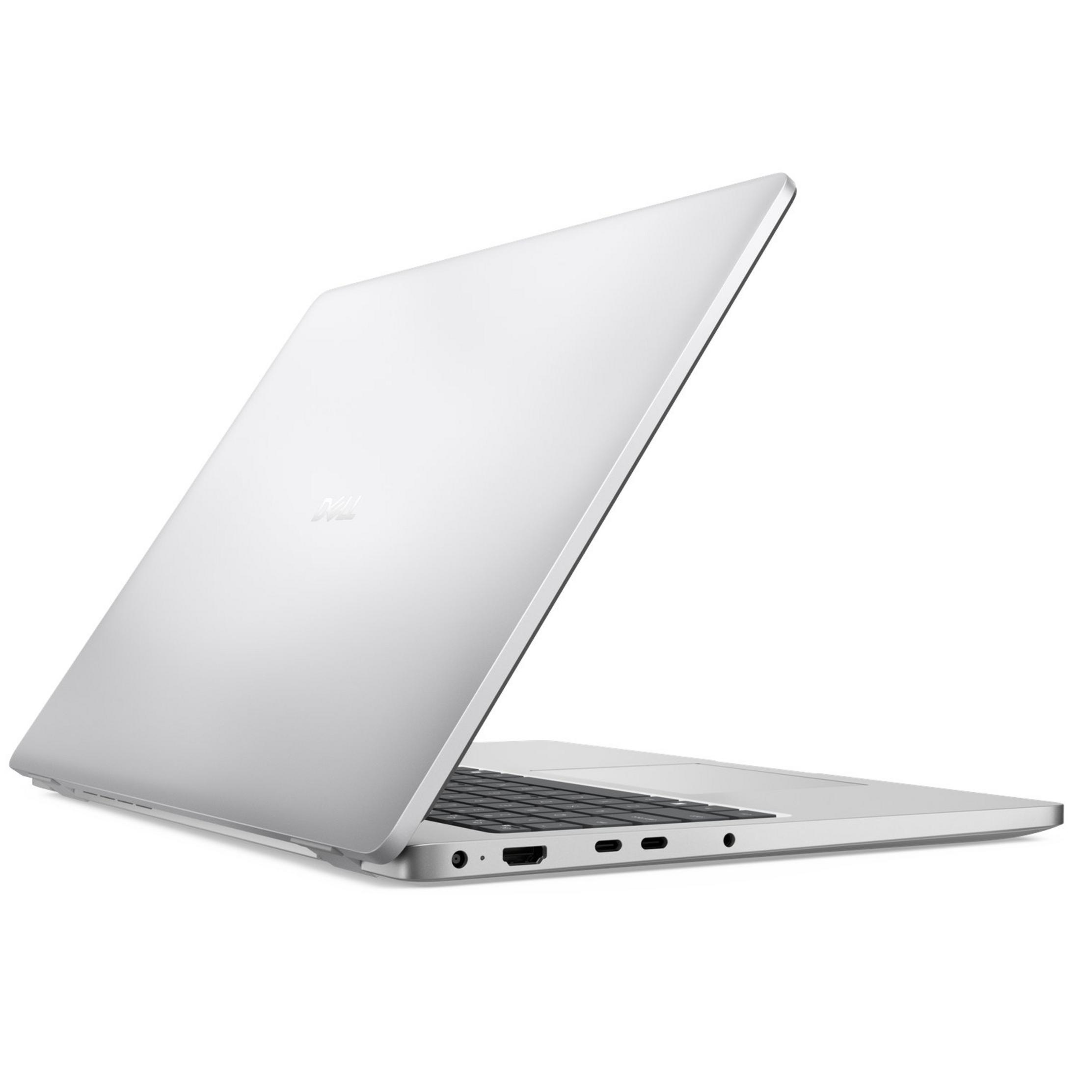 Srebrny laptop z otwartą pokrywą, widoczna klawiatura.